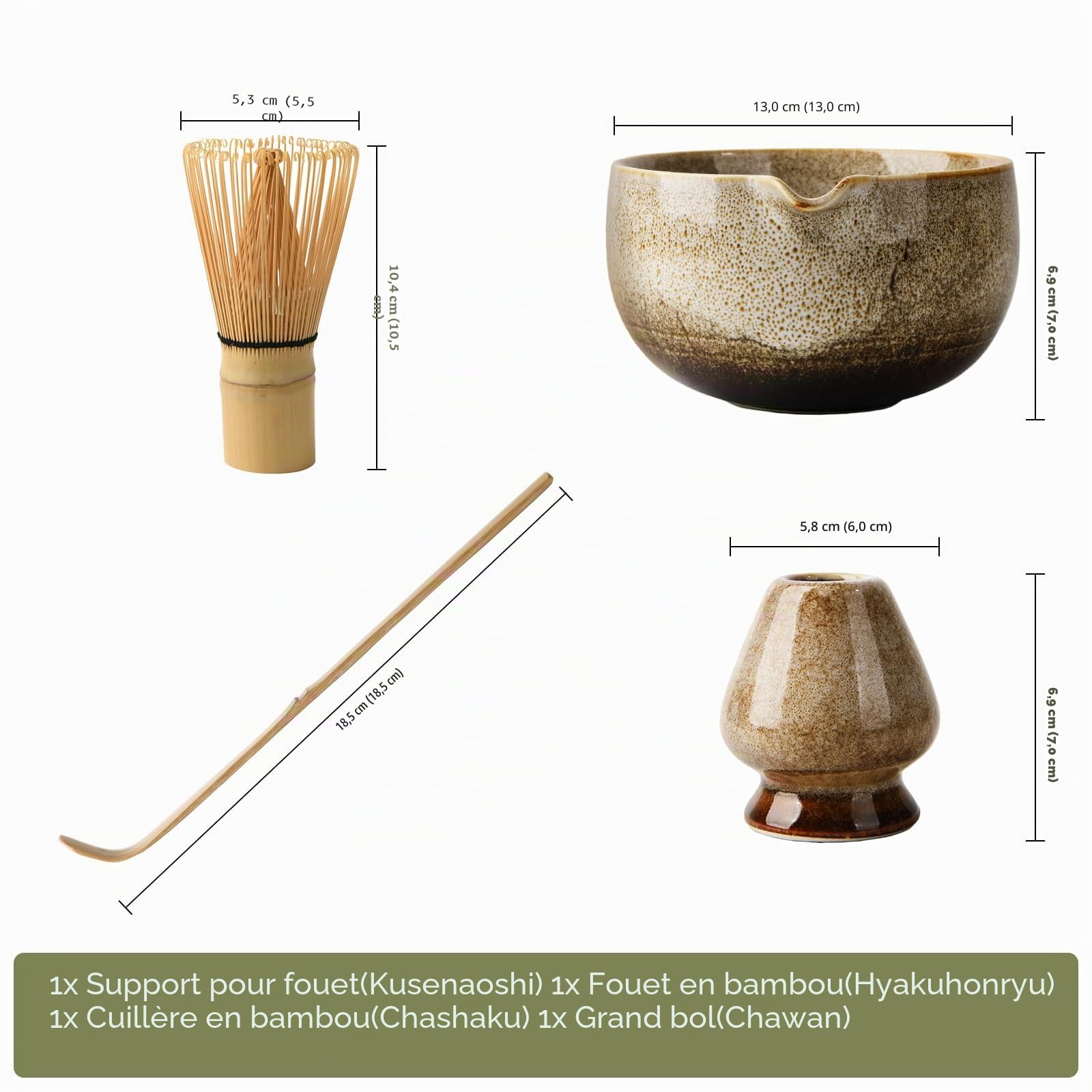 Ensemble de thé japonais pour matcha, bec verseur, support fouet céramique artisanal, fouet et cuillère à matcha, parfait pour cérémonie traditionnelle