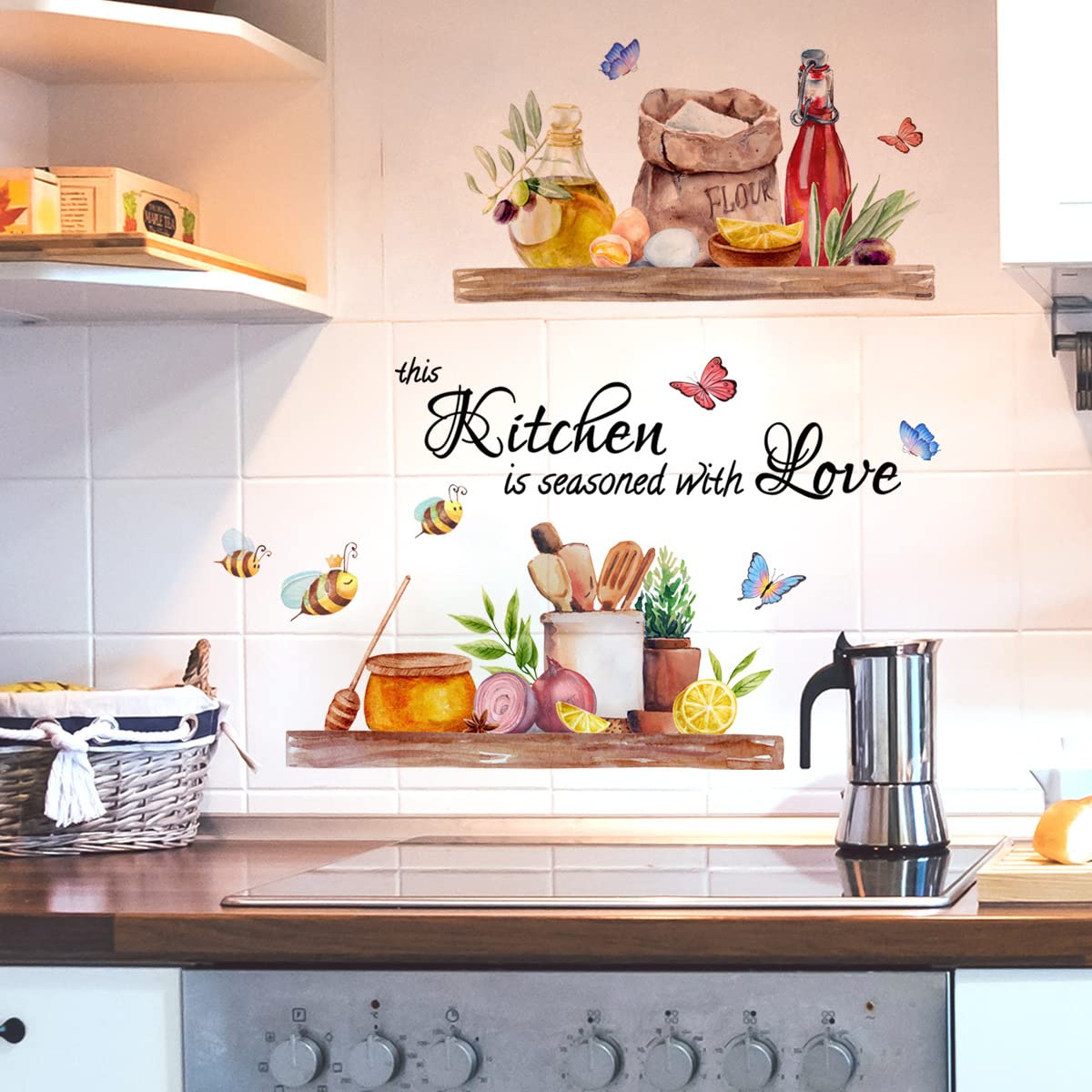 FUFUQUARE Kitchen Wall Stickers Inspirational Quote This Kitchen is Seasoned with Love Wall Art Decals Food Butterflies Bee Peel and Stick for Dining Room Restaurant