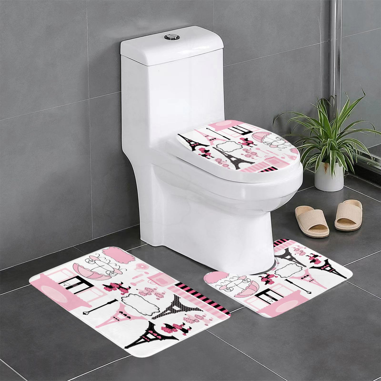 EYLOZS Bathroom Set, Rugs Sets 3 Piece,Anti-Slip, Paris and Pink Poodle Ooh La la,Absorbent Bath Mat for Tub, Shower, Room, Kitchen