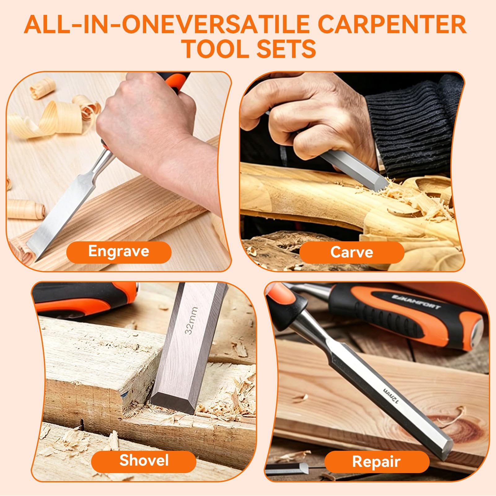13 Stück Stechbeitel Set Für Holz Profi, 8 Stück Holzbearbeitungswerkzeuge 6-38mm Full Size Chisel Set mit Honing Guide, Schleifstein, Tischler Stifte und Tragetasche & Ergonomischer Griff Für Holzbea