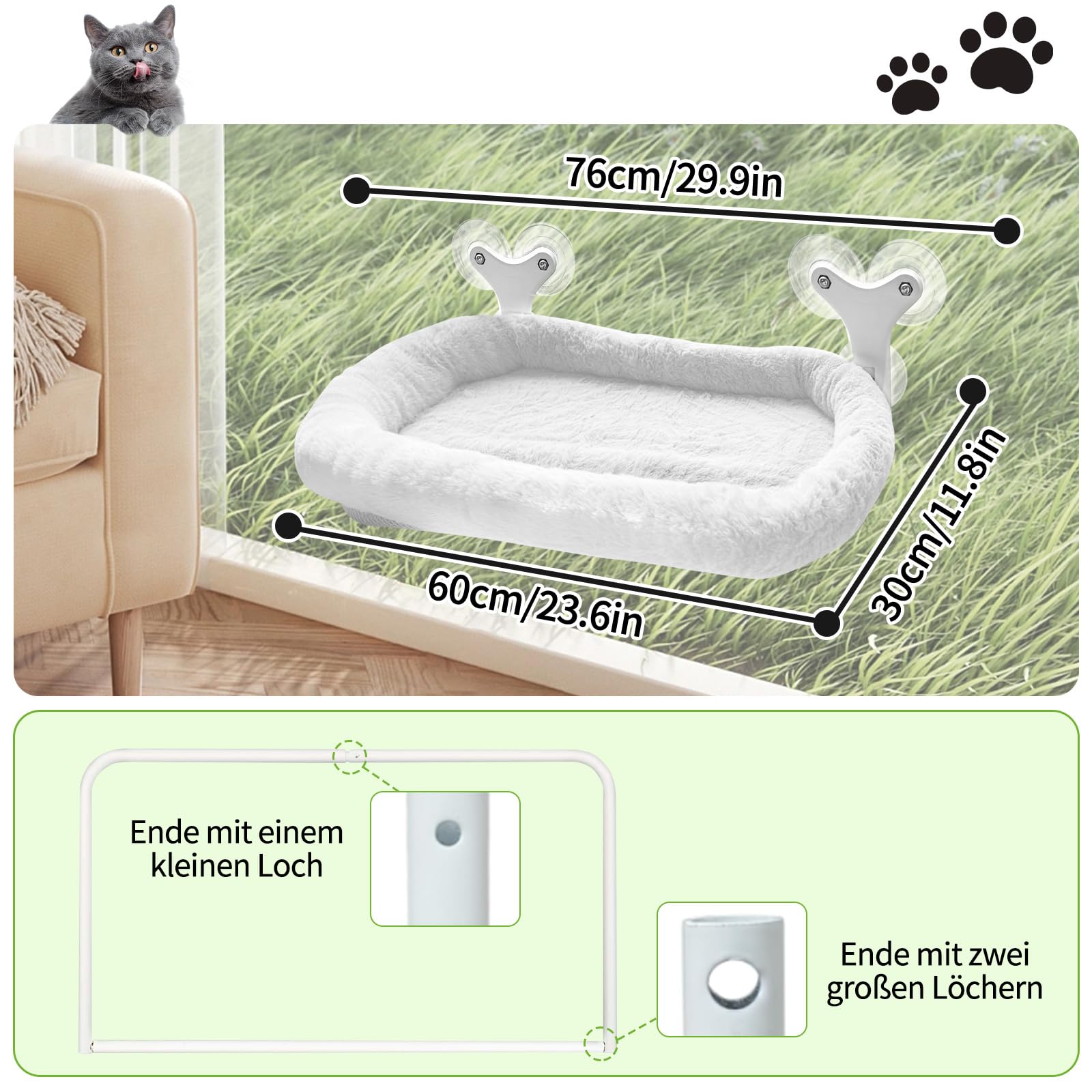 Katzenbett Fensterbank & Katzen Fensterliege mit 6 Saugnäpfen, Klappbare Katzenhängematte bis 18kg - Flauschig & Atmungsaktiv für Sonnenbad