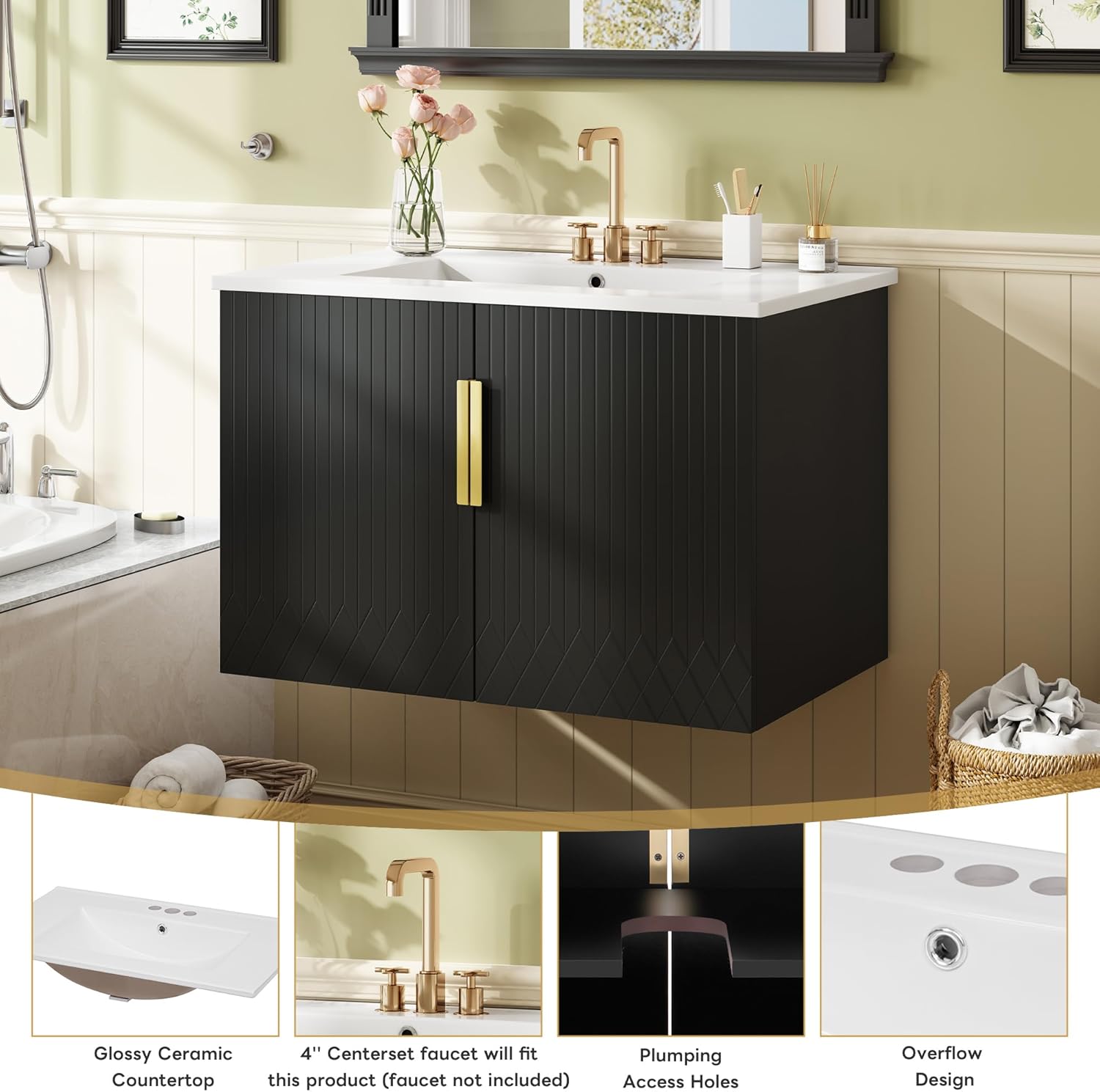 30 Inch Bathroom Vanity with Sink, Floating Bath Vanity with 2 Soft-Close Carved Doors, Wall Mounted Bathroom Vanities with Ceramic 3 Holes Sinks, Modern Vanity with Sink for Bathroom (30",Black)