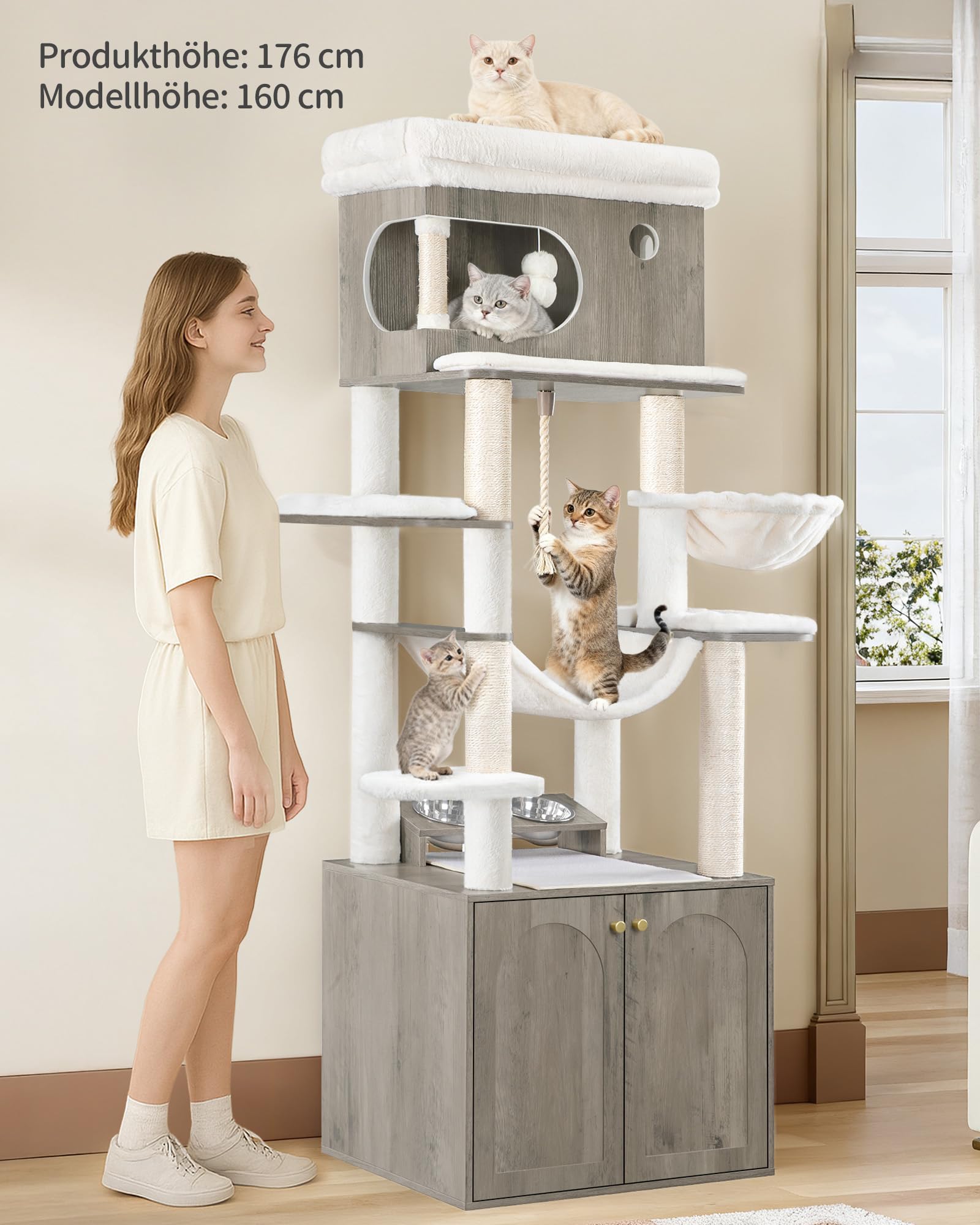 Hzuaneri Kratzbaum, Katzenbaum mit Katzenklo Schrank, 176 cm Hoch, Greige | Futterstation, 176 cm Hoch, mit großer Plattform, Sisalseil, Hängematte, Waschbares Kissen, Plüschbälle, Greige CB89105WT