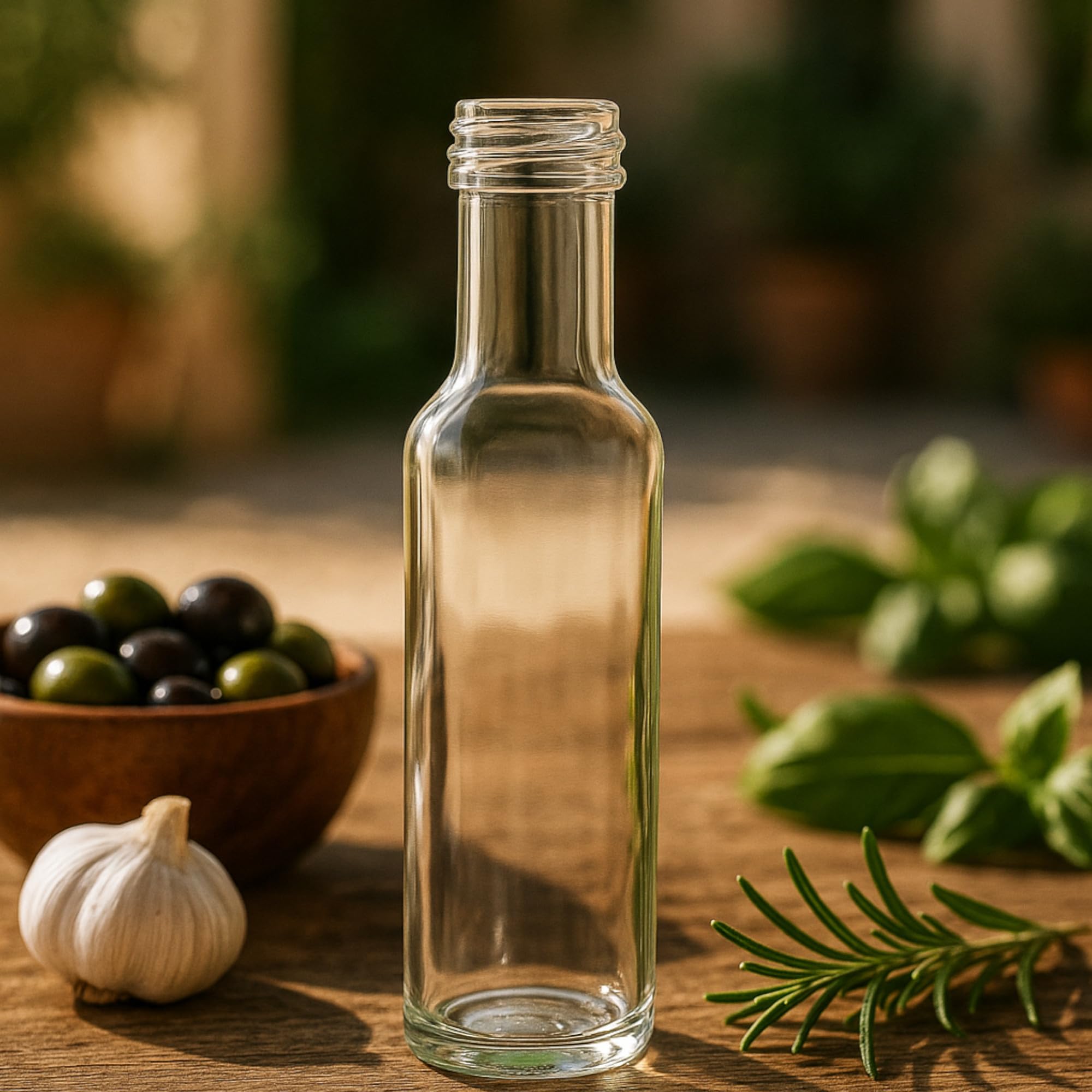 gouveo Lot de 48 bouteilles en verre Dorica (0,10 l) avec bouchon à vis PP 31.5 doré, flacons ronds transparents à remplir pour huile, vinaigre, liqueur, sirop, spiritueux (DFT100G)