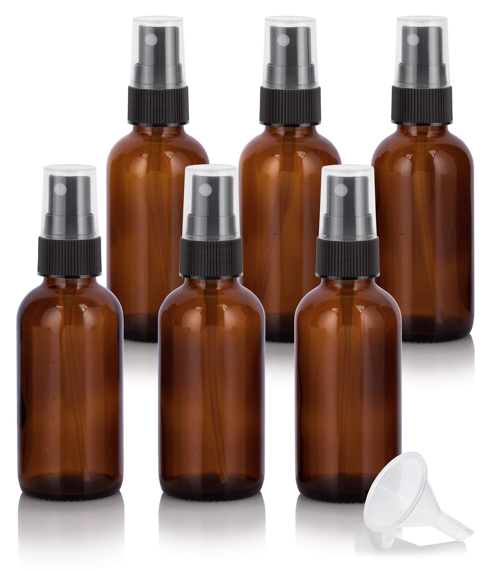 JUVITUS 2 oz Amber Glass Boston Round Bottle with Black Fine Mist Spray (6 pack) + Funnel