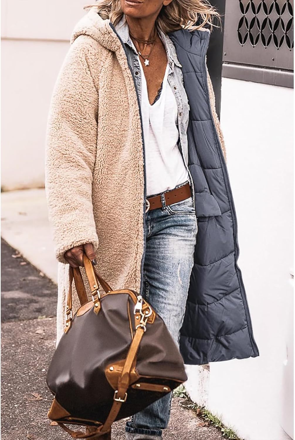 Womens Long Puffer Jacket Oversized Sherpa Lined Puffy Coats Winter Reversible Padded Down Jackets Zip Up Outerwear