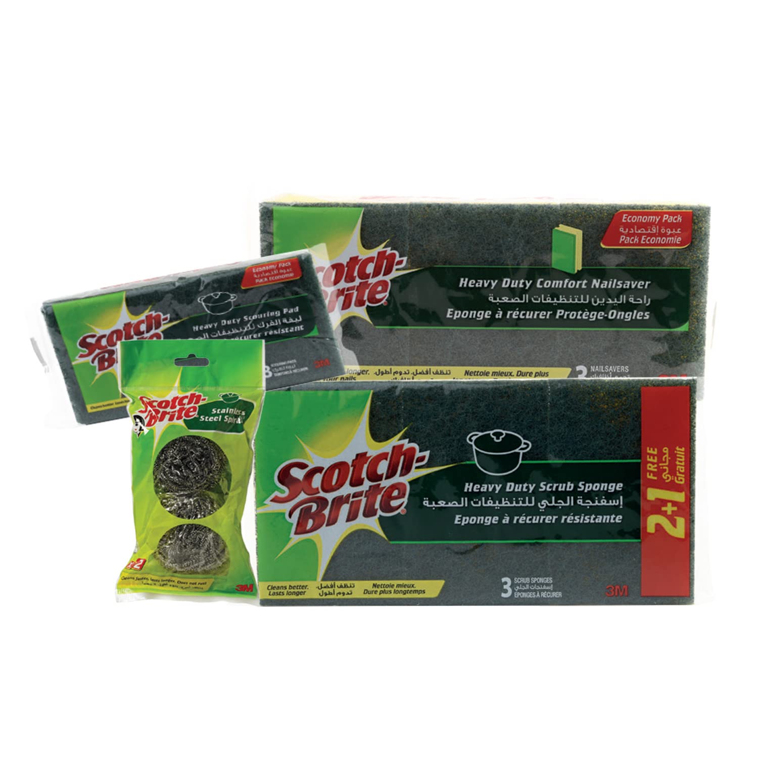 3M Scotch Brite Heavy Duty Scrub Sponge, Comfort Nailsaver, Scouring Pad (3pcs Each) + Stainless Steel Spiral (2pcs)