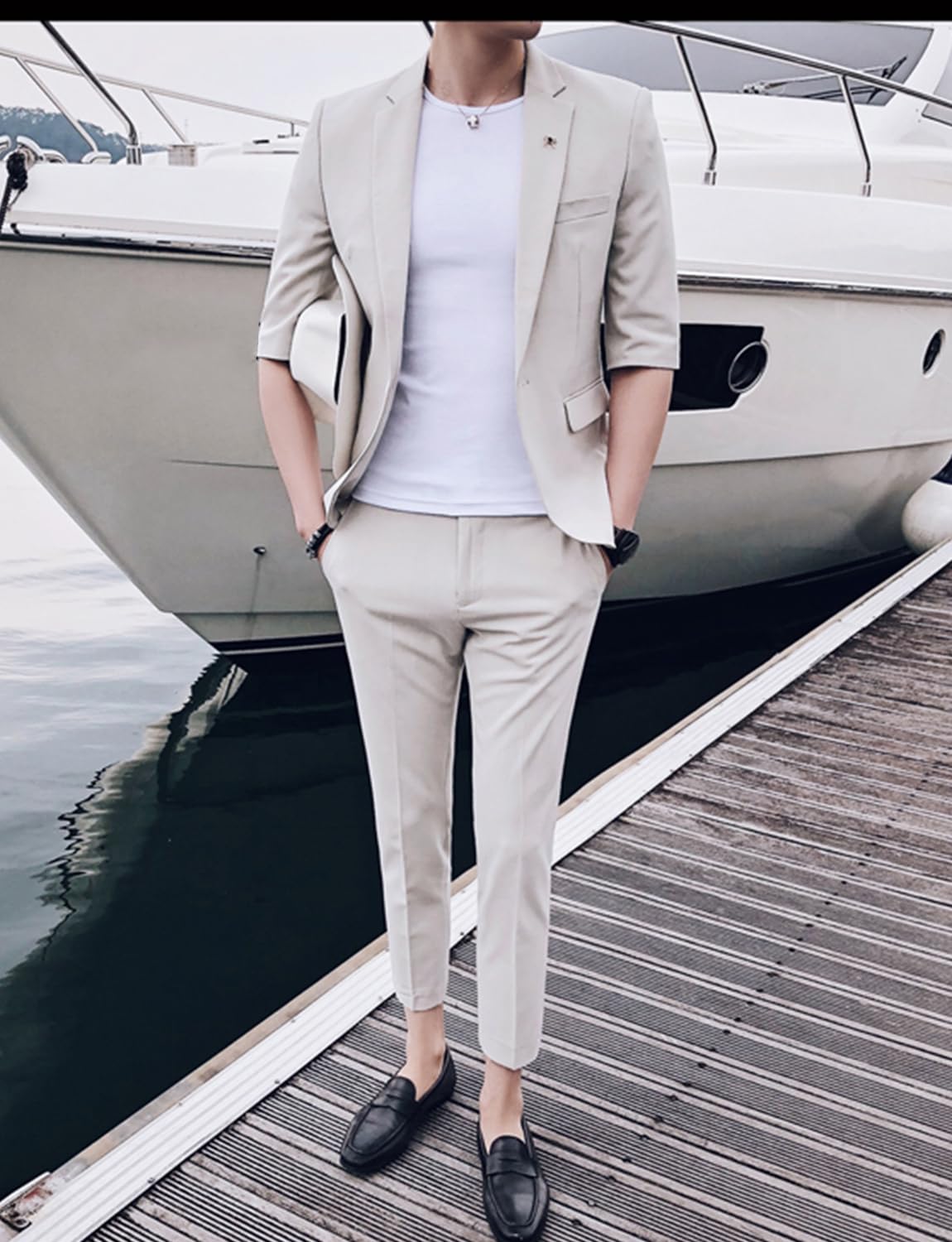 Ulnomio Uomo Mezze Maniche Vestito Set Due Pezzi Notch Risvolto Un Pulsante Gomito Manica Giacca e Pantaloni Gioco di Ruolo Tutti i Giorni