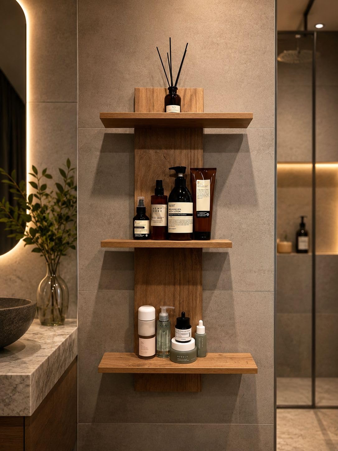 Dreamy design Acacia Wood Bathroom Wall Shelf | 3-Tier Wall Mounted Floating Shelf Organizer | Wooden Storage Rack for Toiletries, Shampoo, Cosmetics, Bathroom Accessories, Kitchen Storage & Home-image-38