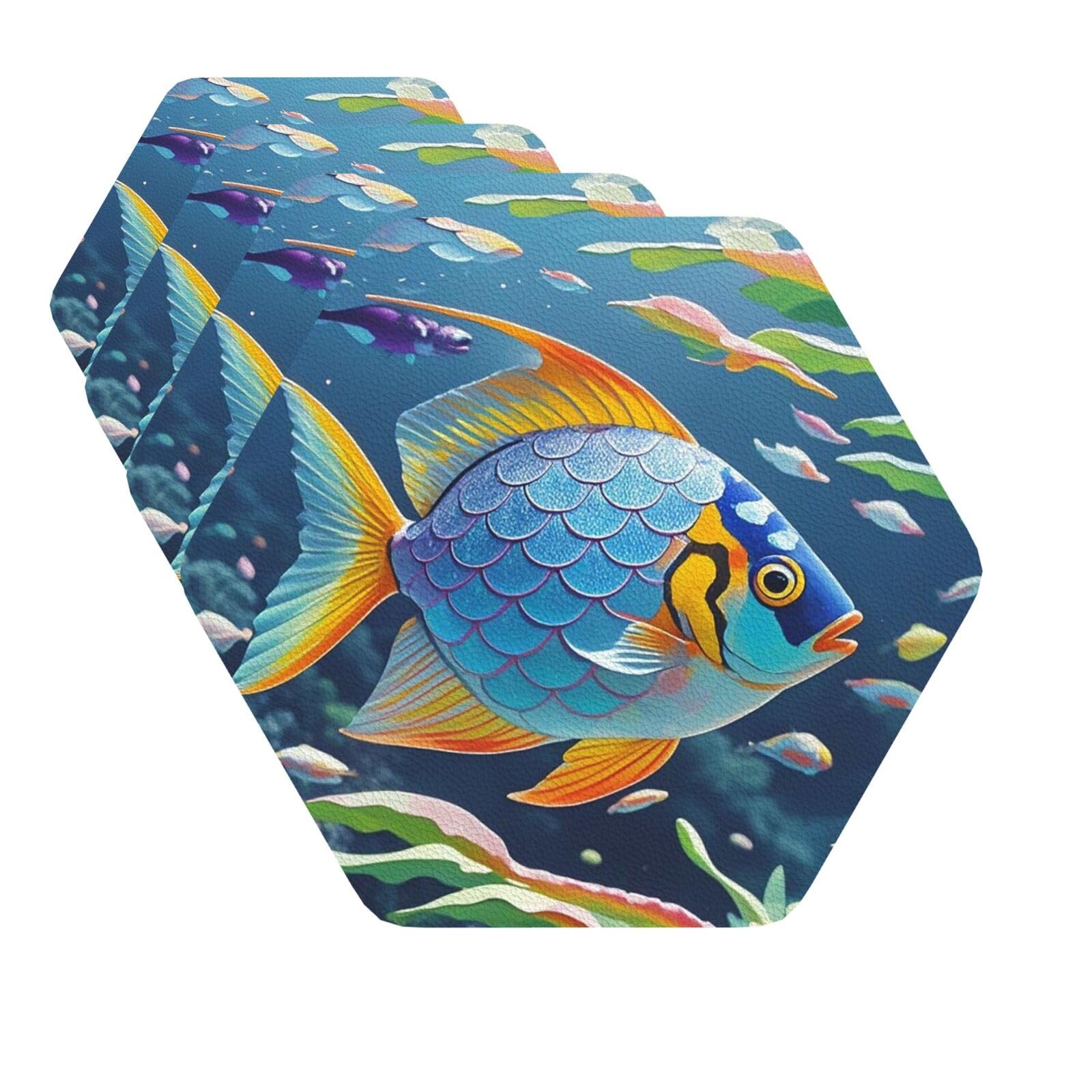 Drink Coasters Set of 4 Quick-Dry Leather Coaster Rainbow Fish Scale Coasters for Drinks Coffee Cup Mat Tabletop Protection Heat Resistant Coaster for Kitchen Bar Office Home Decor
