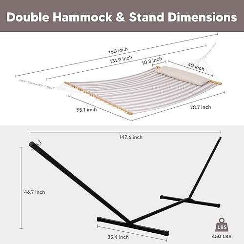Miniatura 6 de SUNCREAT Hamaca doble con soporte incluido, hamaca portátil al aire libre con soporte, rayas grises claras