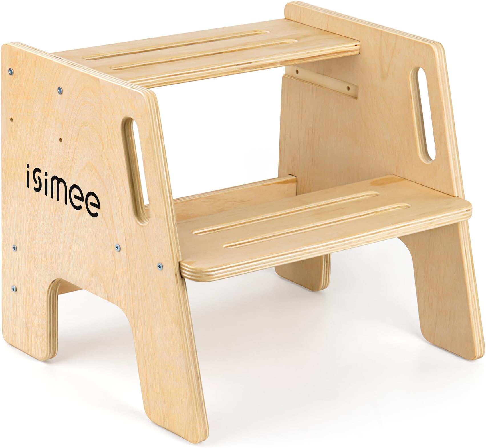 Wooden Toddler Step Stool, 2 Step Adjustable Height Handle Pads for Safety, Potty Training, Bathroom Sink& Kitchen Use