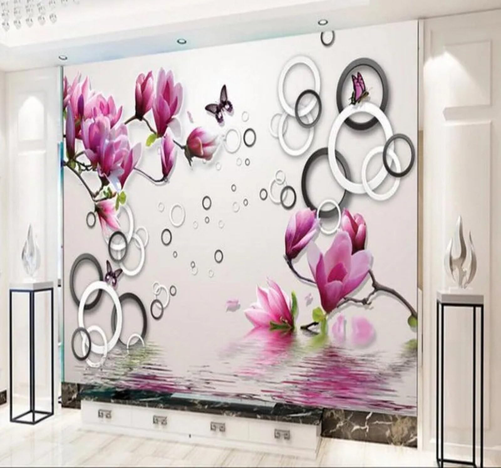 Xlming 250Cm×170Cm(B×H) Three Dimensional Magnolia Butterfly Geometric Circle 3D Wallpaper Luxury Silk Study Dining Feature Sofa Grey Bedroom Living Room Tv Decorative Wall-250Cm×170Cm