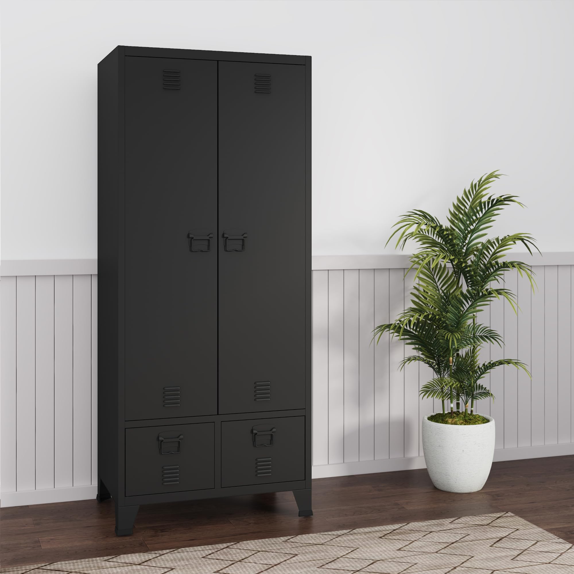 [en.casa] Armario Ropero Hankasalmi Armario Dormitorio Guardaropa 2 Puertas con Ranuras de Ventilación Perchero 4 Compartimentos Estantes Regulables 2 Cajones Acero 180 x 90 x 40 cm - Negro