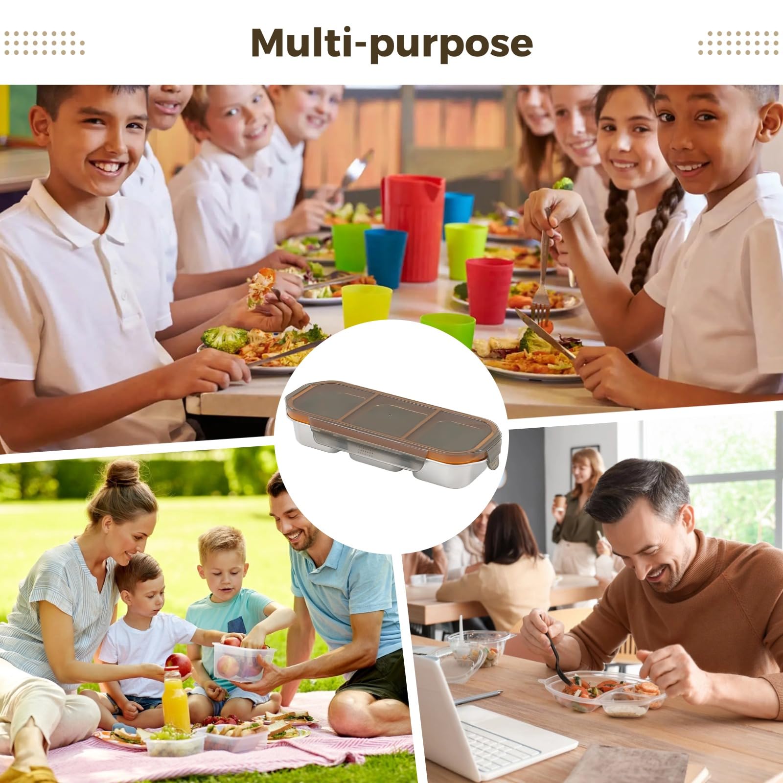 4 pcs Stainless Steel Lunch Boxes, Bento Box with 3 Compartments, Meal Prep Containers Reusable for Portion Control, Salad, Fitness, 10.6" x 4.3" x 2"
