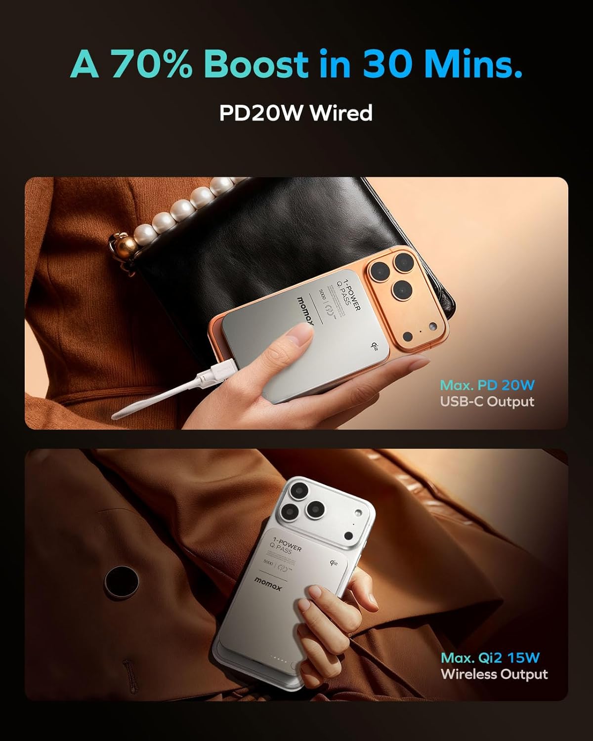 MOMAX Q.Pass Magnetic Power Bank, Qi2 Certified 15W Slim Power Bank Fast Charging, 5000mAh for Magsafe Portable Charger for iPhone Air Battery Pack/17/Pro/Max/16/15/14/13/12 (No Lightning)