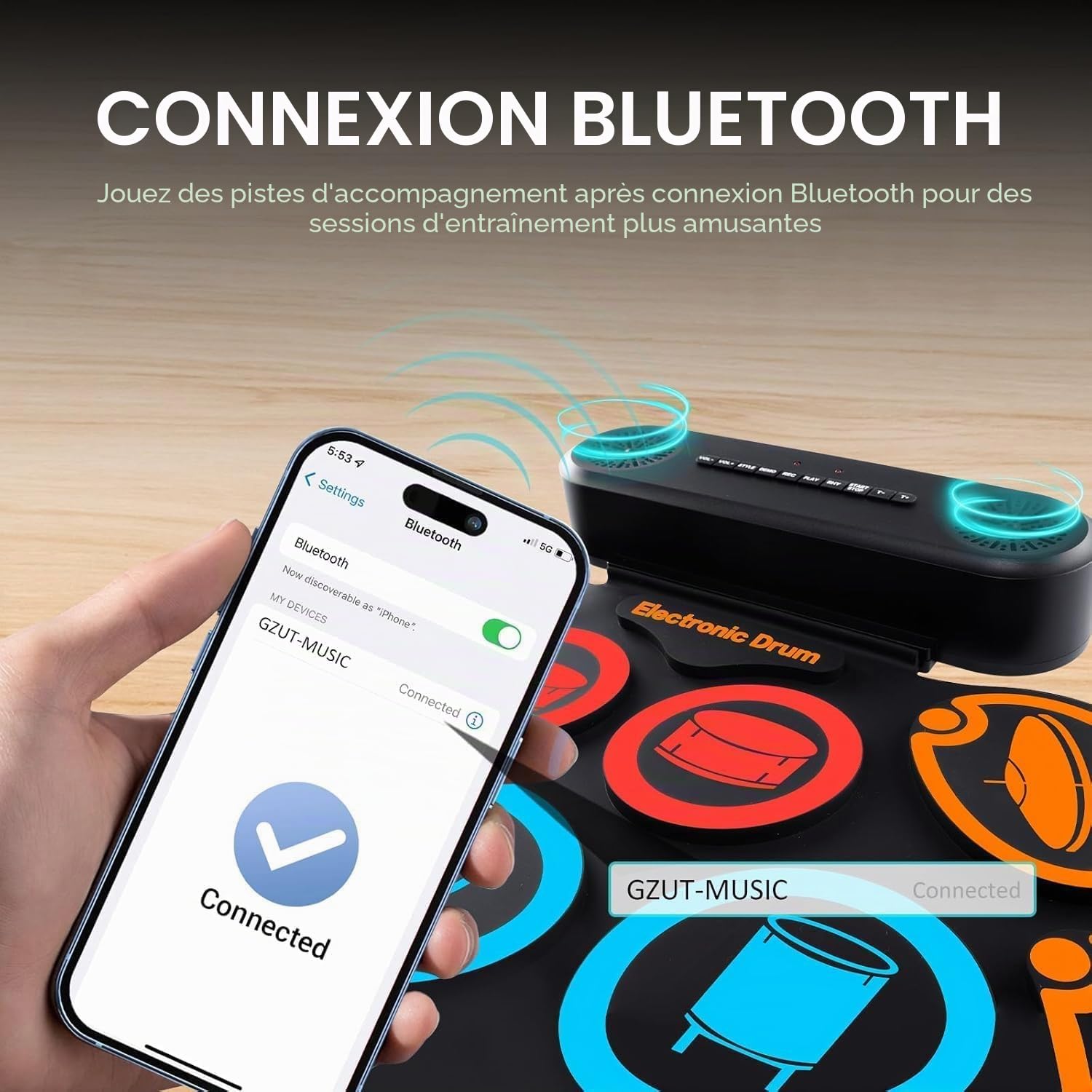 Kit de batterie électronique, 9 coussinets d'oreille enroulables, kit de tampon de batterie électrique avec prise casque, 10 heures de lecture, haut-parleur intégré (Couleur)