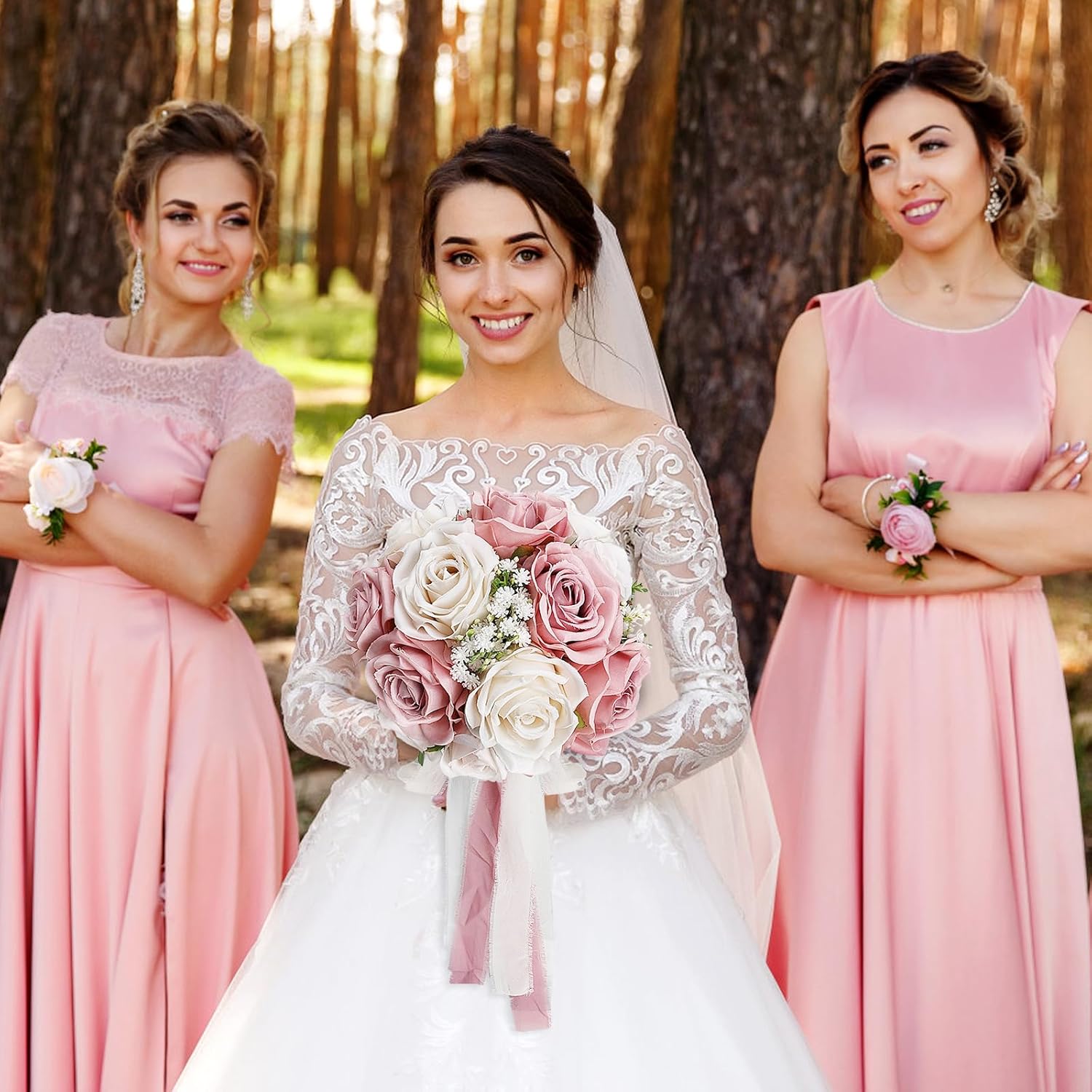 Wedding Bouquet for Bride - Premade Simple Artificial Roses Flowers for Bridal Shower Destination Ceremony Anniversary Decorations - Dusty Pink & White - Image 4