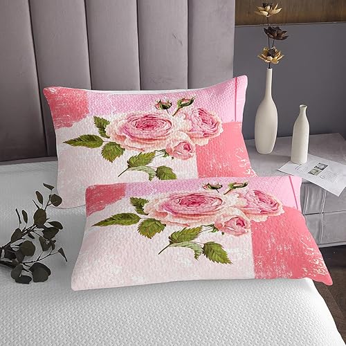 Miniatura 4 de Feelyou Colcha abstracta para niñas y niños, diseño moderno de arte abstracto acolchado, para habitación, diseño de flores rosas, juego de colcha