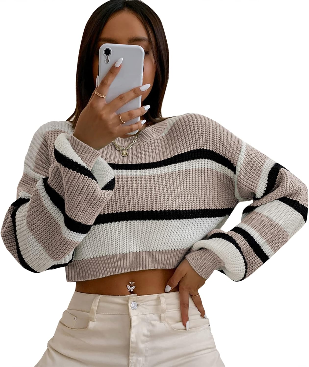 ZAFUL Women's Color Block Striped Sweater Crew Neck Lantern Sleeve Cropped Sweaters Casual Loose Knitted Tops