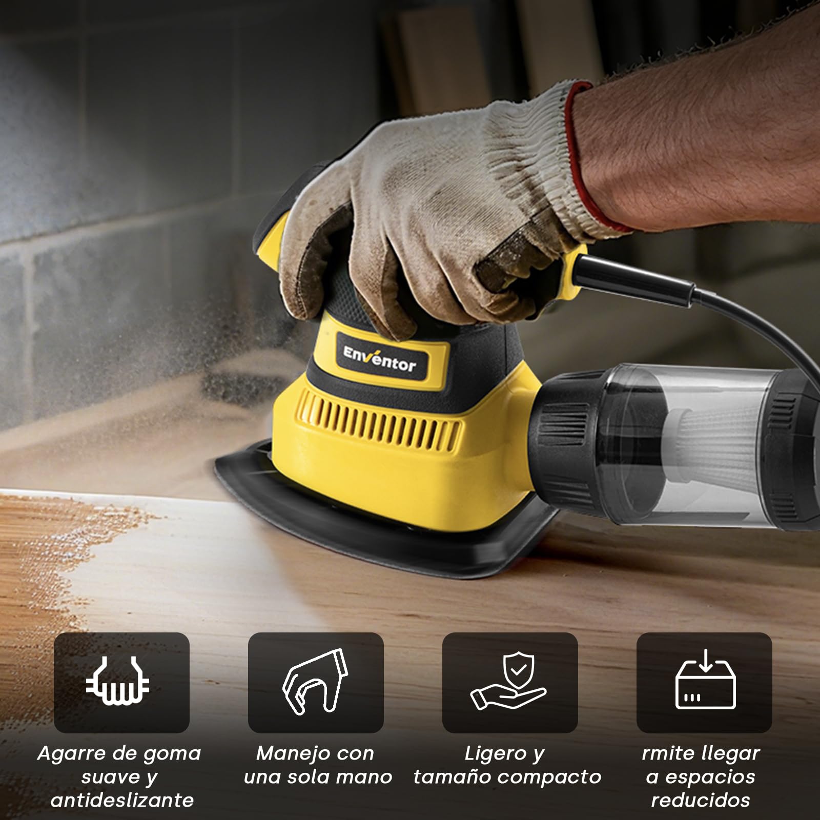 Enventor Lijadora Mouse 210W, Lijadora Madera con Velocidad 15000RPM, 16PCS Lija (80, 120, 180, 240 Grit), con Caja de Polvo, Lijadoras Delta Electrica para Lijar y Pulir Madera y Metal