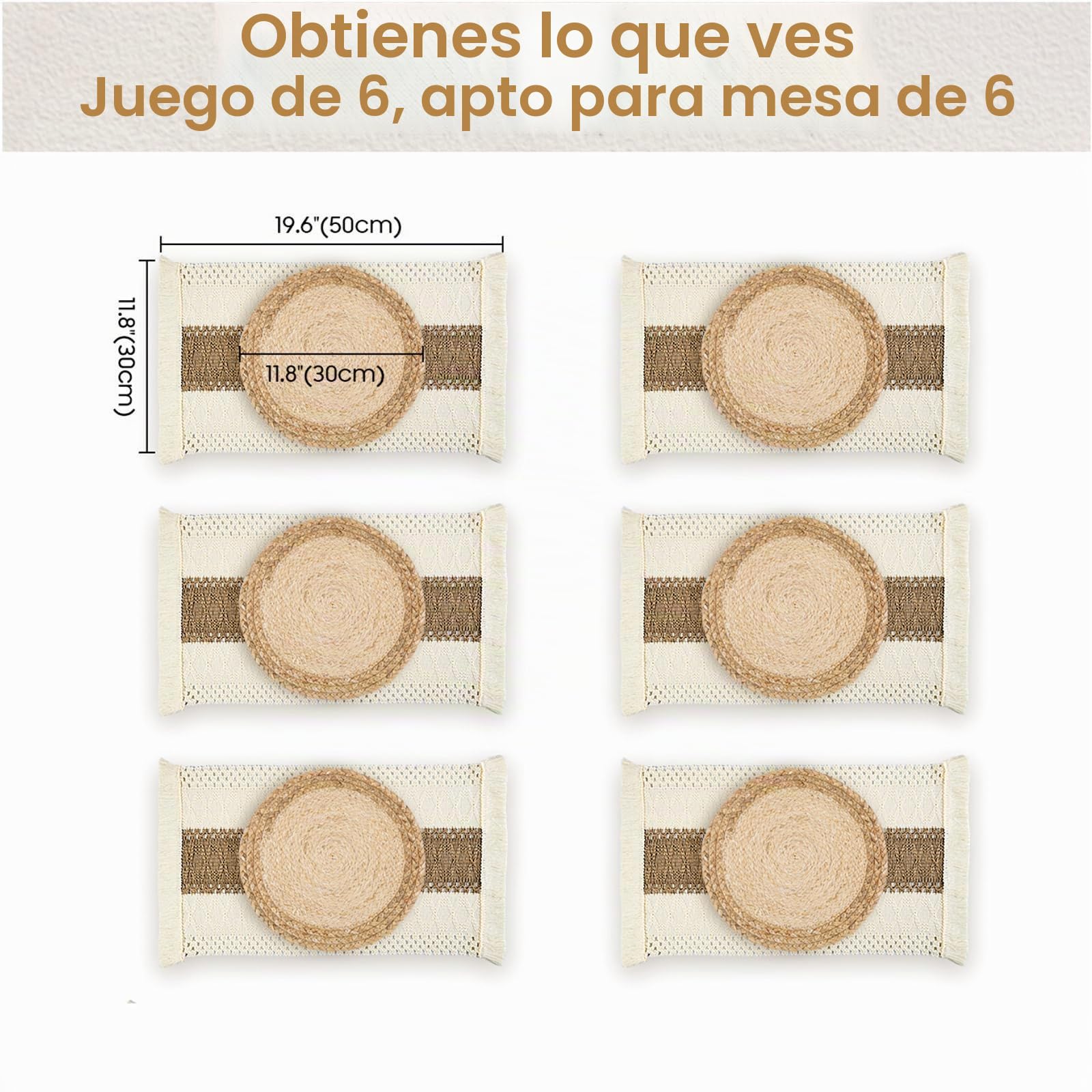 Manteles Boho Hechos a Mano Salvamanteles Trenzados de Paja y Arpillera de Algodón Natural Decoración de Macramé y Manteles Individuales Estilo Granja para Mesa de Comedor Conjunto de 6