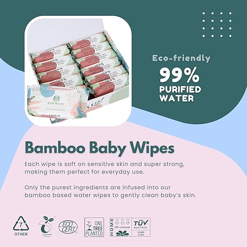 Miniatura 3 de Eco Wave Toallitas para bebé, toallitas de bambú ecológicas 100% compostables, sin perfume, hipoalergénicas, veganas, sin alcohol, adecuadas para