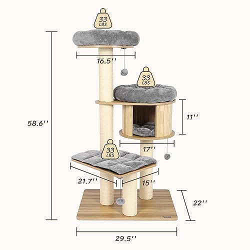 Miniatura 6 de KAMABOKO Árbol moderno para gatos de 58.6 pulgadas, árbol de madera para gatos con postes rascadores de sisal grandes de 4.7 pulgadas de diámetro,