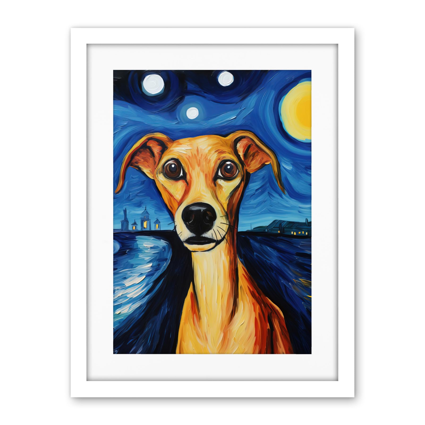 Artery8 Van Goghs Dog Artwork Night Scene Full Moon Blue Brown Yellow Oil Painting Artwork Framed Wall Art Print 18X24 Inch