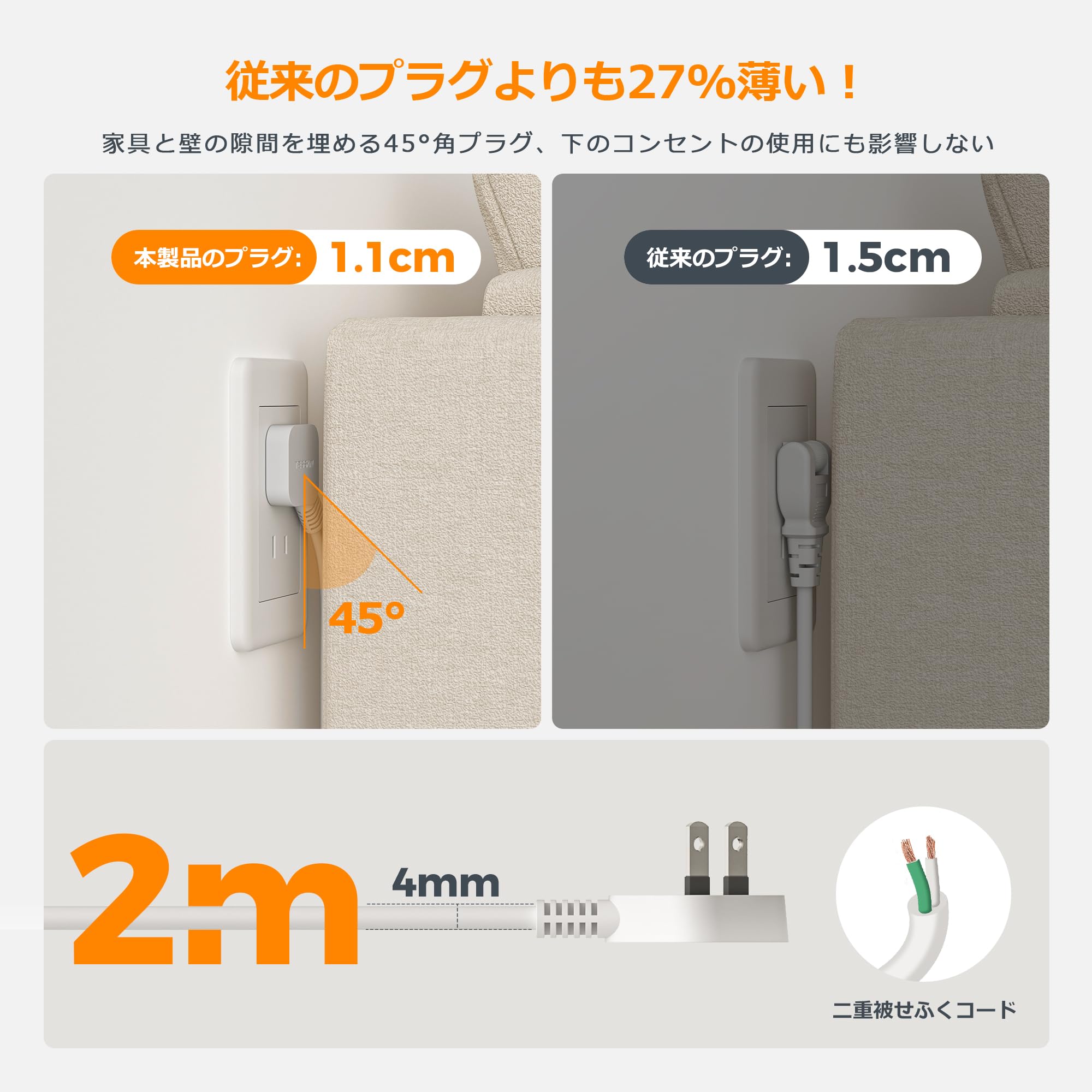 TESSAN 電源タップ 延長コード 2m 薄型プラグ たこあし コンセント usb付き テーブルタップ 8個AC口 1個Type-Cと3個Type-Aポート タコ足配線 隙間 蛸足コンセント 分岐 4つ個別スイッチと4つ常時通電付き 省エネ ほこりシャッター 雷ガード 壁掛け/卓上に ホワイト