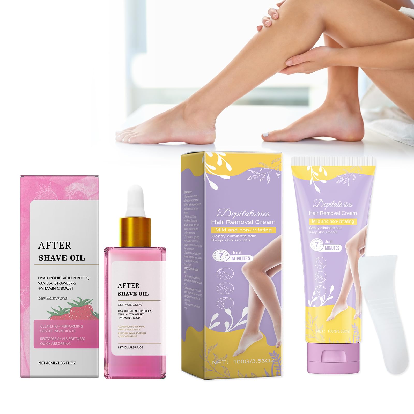 Kit d'épilation, Crème Épilatoire Douce 100g - Inclut spatule et huile Nourrissante 40ml, Idéale zones intimes & peaux sensibles - Résultat rapide & indolore