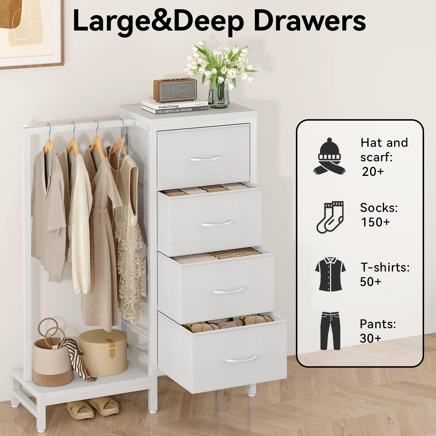 YMYNY Porte-Manteau Commode Blanche avec 4 Tiroirs en Tissu HGR006W