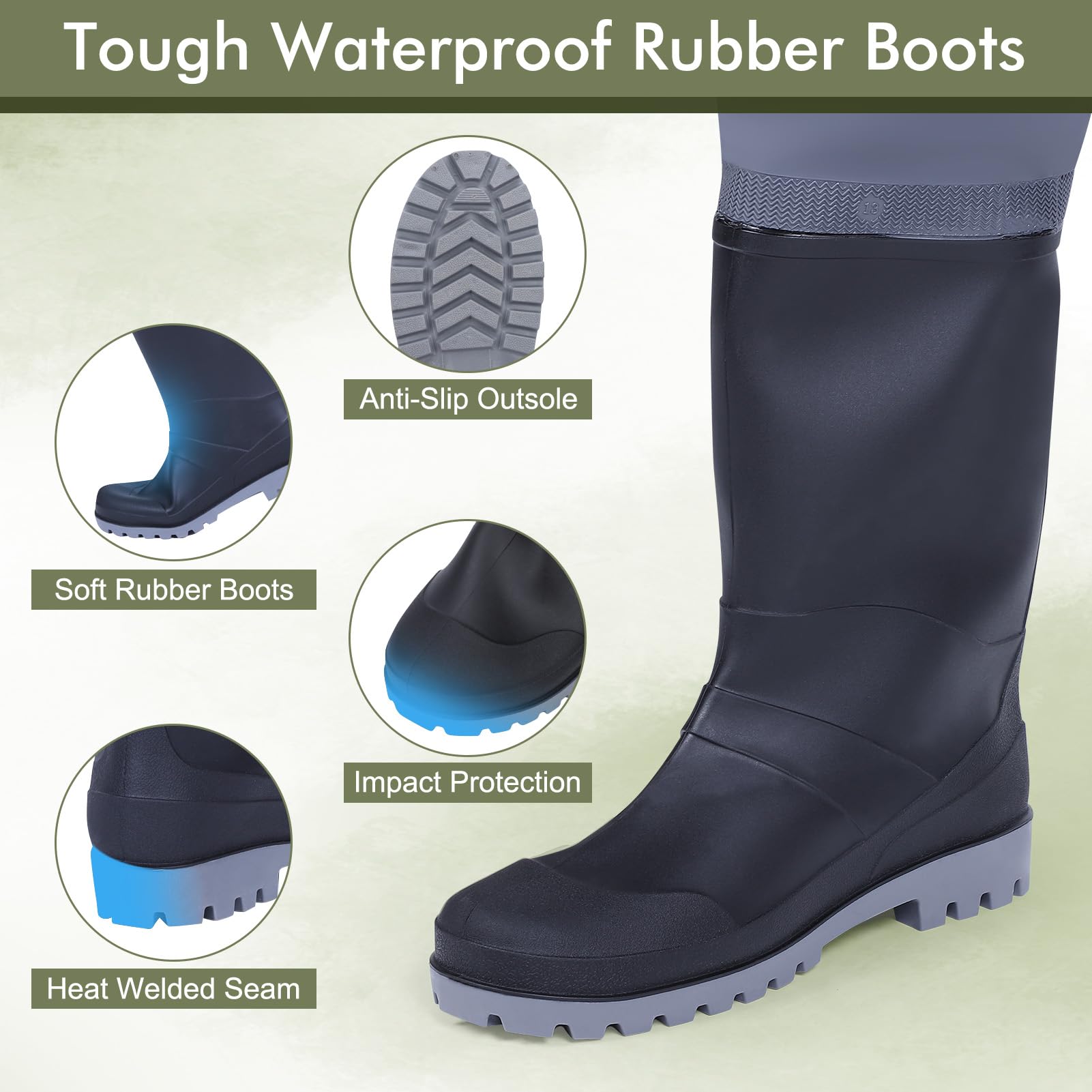 Gugxiom Stiefel-Brustwathose, Wasserdichte Wathose aus verdicktem PVC zum Fischen und Jagen, Einteilige Wathose für Unisex, geeignet zum Fischen, Waten und Arbeiten auf Fischerbooten