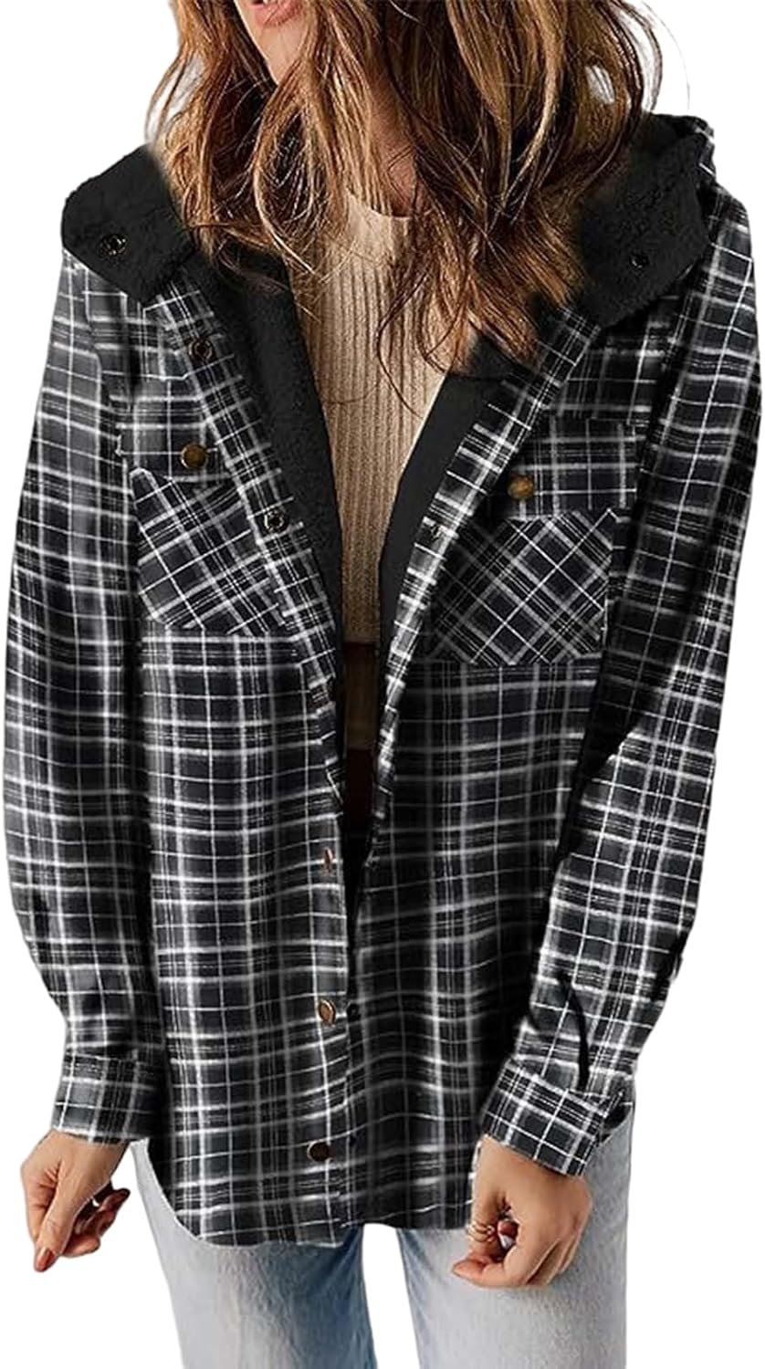 Womens Plaid Shacket Jacket Long Sleeve Button Down Fleece Hooded Jackets Sherpa Lined Flannel Hand Pockets Shirt