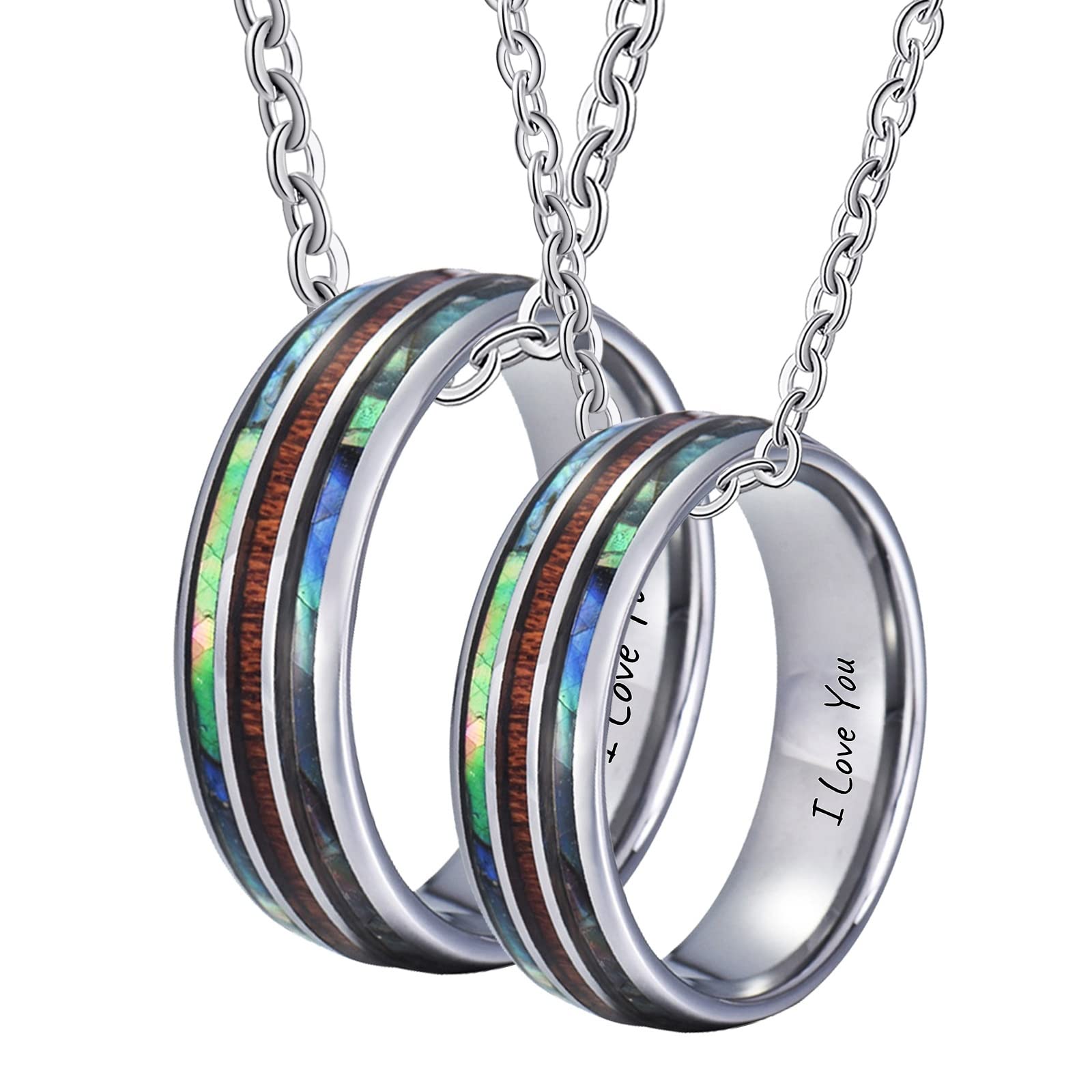AMDXD 2 Stück Paar Halsketten aus Wolfram, Holz Muschel Gravur I Love You Paar Kette Personalisiert Anhänger Ringe Silber für Frauen Männer, 8MM Breite, Herrenkette 60cm, Damenkette 50cm