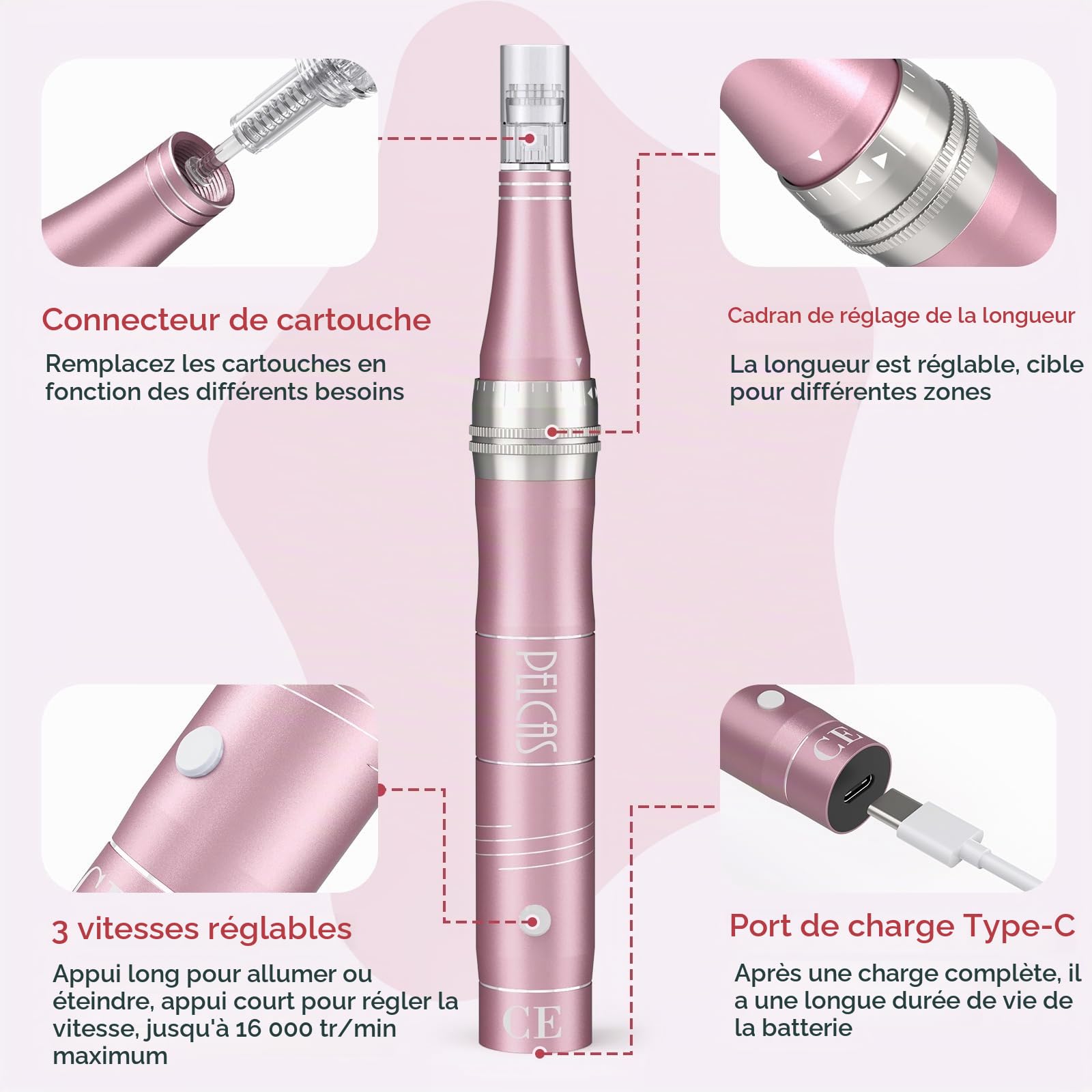 PELCAS Microneedling pour Visage, Stylo Beauté Microneedling avec 12 Cartouches & 3 Vitesses - Soin Visage/Cou/Contour des Yeux, Peau Éclatante