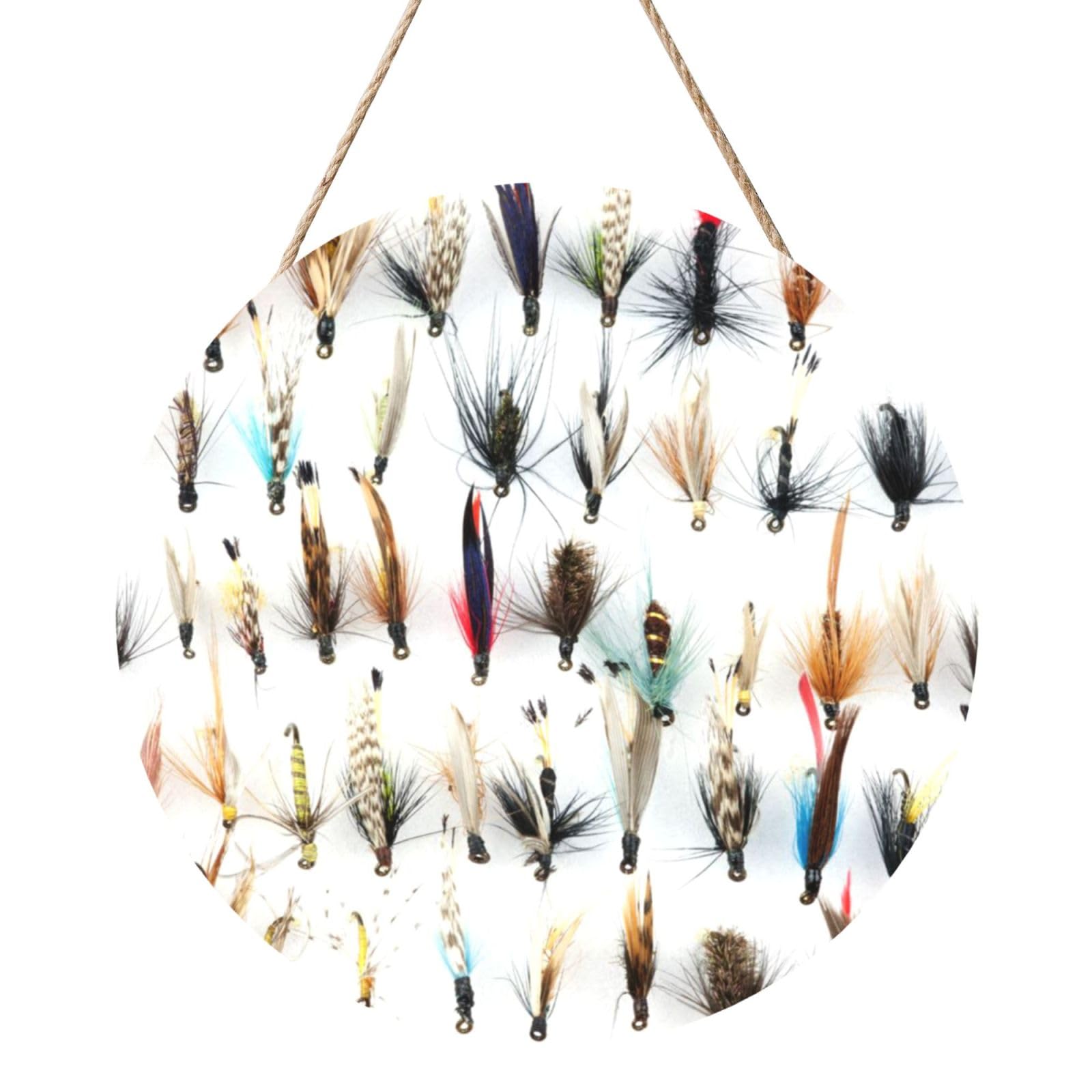 InOmak White Fish Selection Of Traditional Trout Fishing Flies, Round Wood Panel Painting 12 in, Wall Hanging Painting For Home