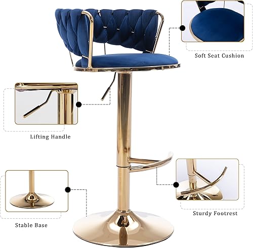 Miniatura 74 de Juego de 2 taburetes de bar de terciopelo giratorios con base de metal dorado, taburetes de bar modernos de altura de mostrador para cocina, pub,