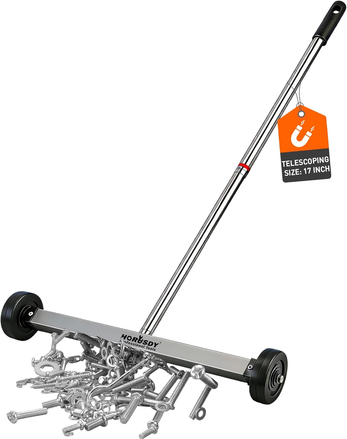 HORUSDY 17-Inch Rolling Magnetic Sweeper with Wheels | Adjustable Handle | 8.8-Pound Capacity Heavy-Duty Magnet to Pick Up Nails
