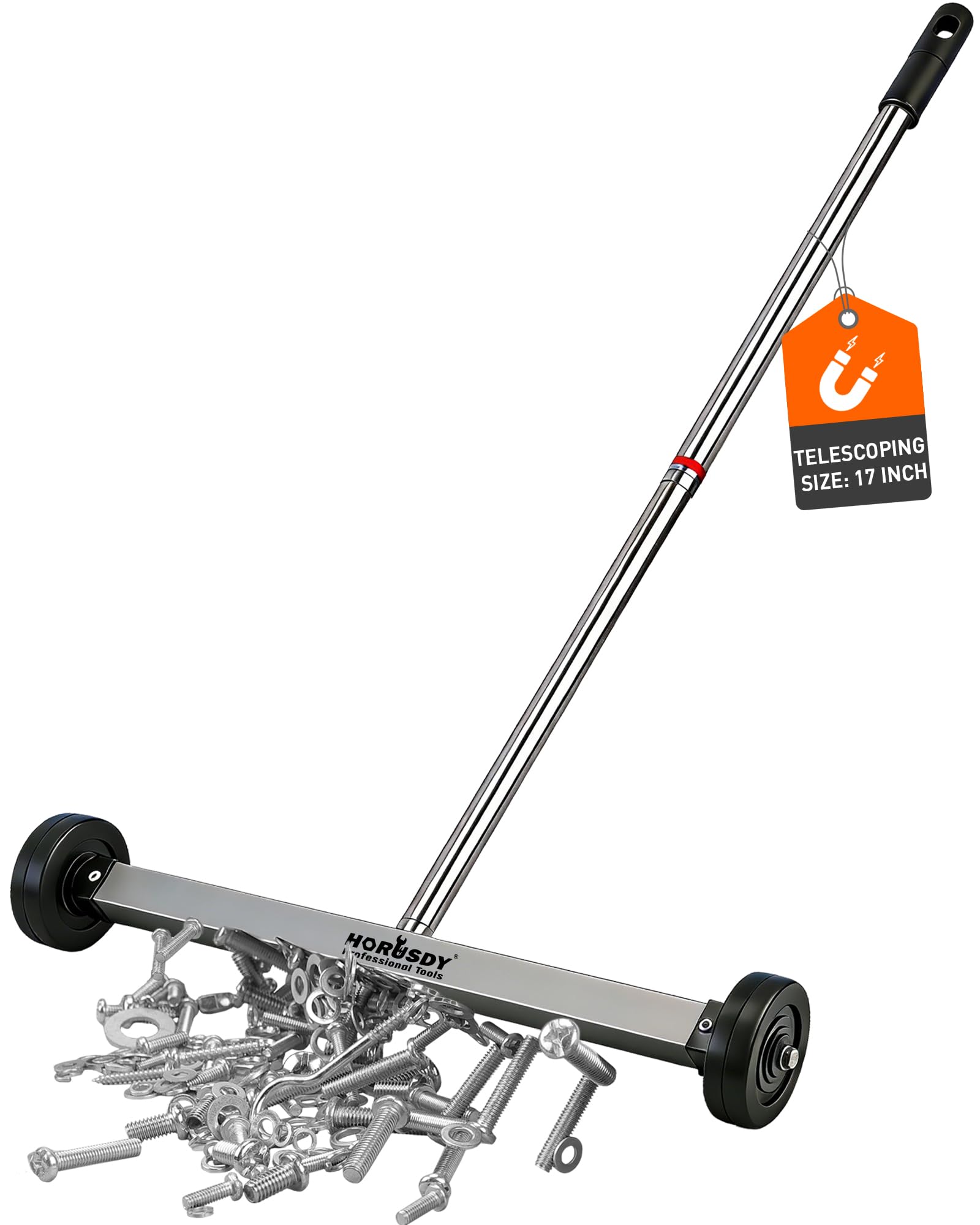 HORUSDY 17-Inch Rolling Magnetic Sweeper with Wheels | Adjustable Handle | 8.8-Pound Capacity Heavy-Duty Magnet to Pick Up Nails