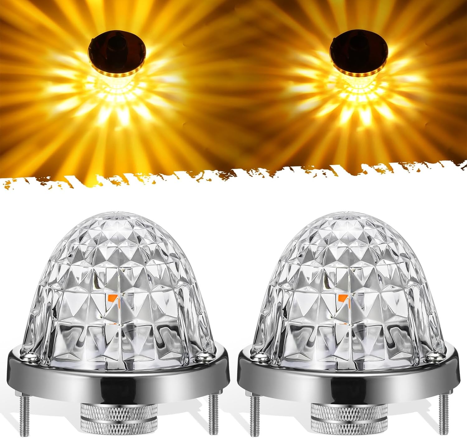 Partsam 2Pcs Glass Watermelon Lights Diamond-Shaped Lens Red LED Stop Turn Tail Marker Lamps with Stainless Steel Bezel Replacement for Peterbilt Freightliner Trucks Trailers RVs