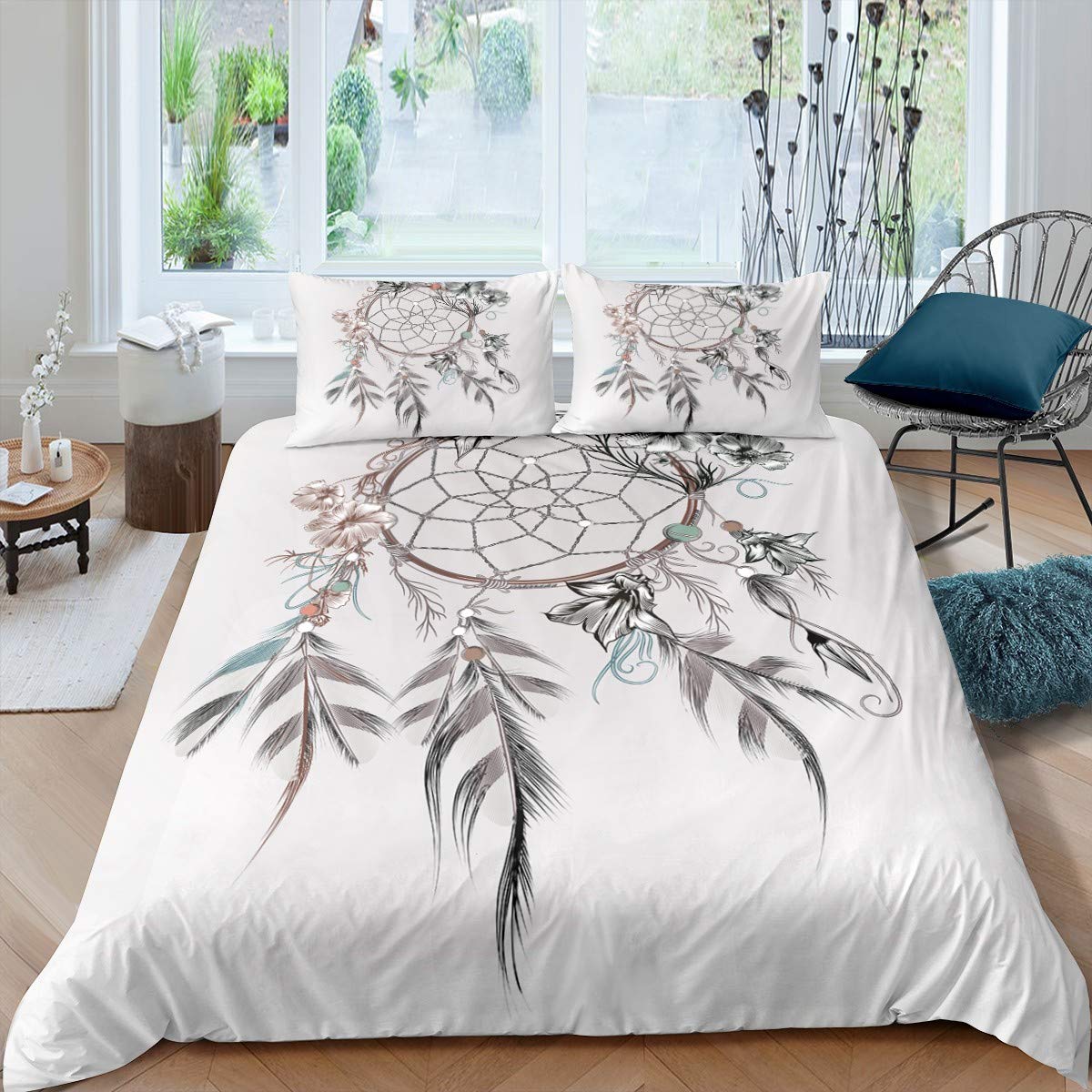 Loussiesd Boho Style Bedding Duvet Cover for Girls Teens Bedroom Bohemian Theme Dream Catcher Printed Comforter Cover Indian Hippie Feather Print Bedspread Quilt Cover Decor 3 Pcs Double