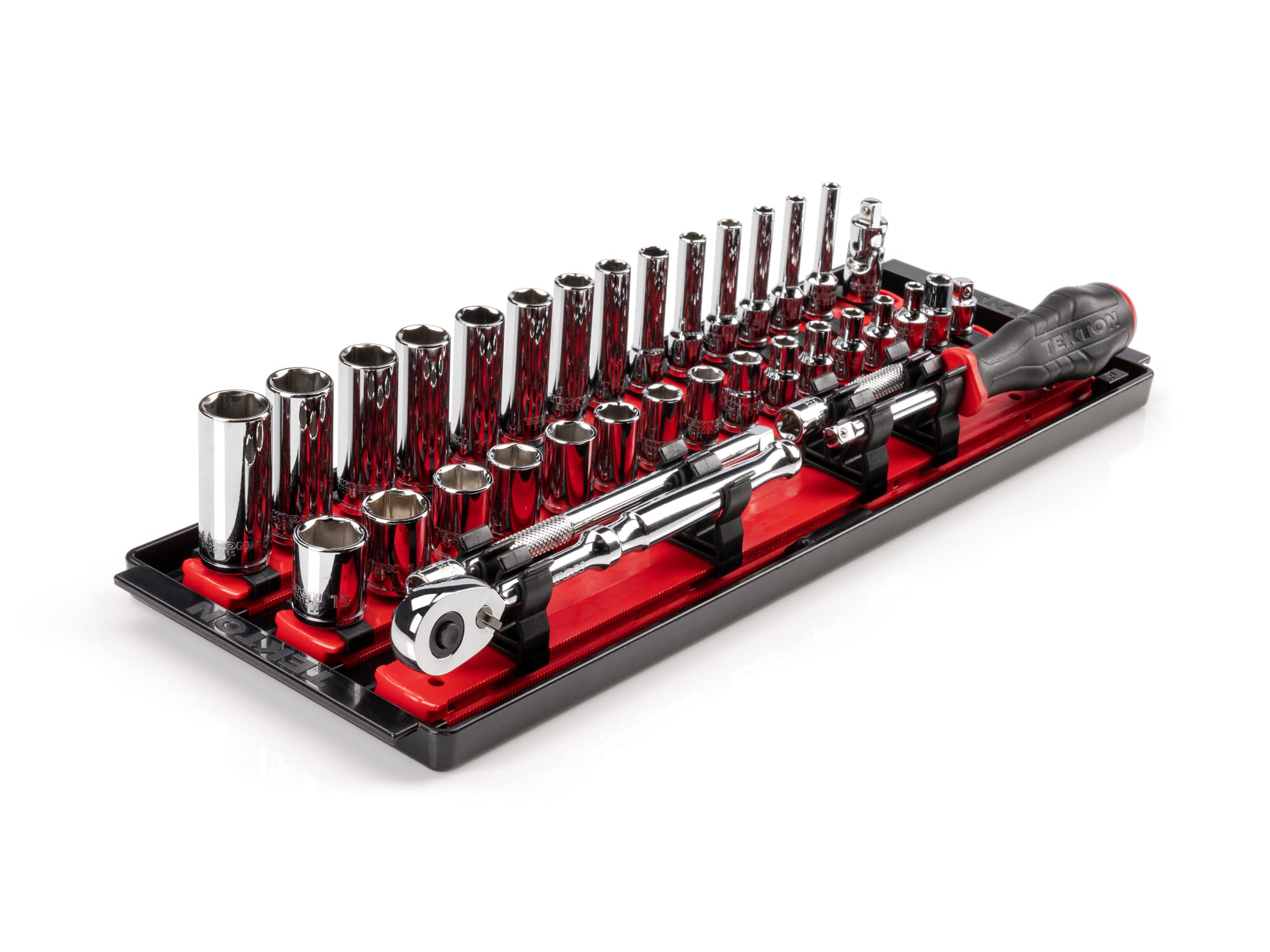 TEKTON 1/4 Inch Drive 6-Point Socket and Ratchet Set with Rails, 35-Piece (4-15 mm) | SKT03201