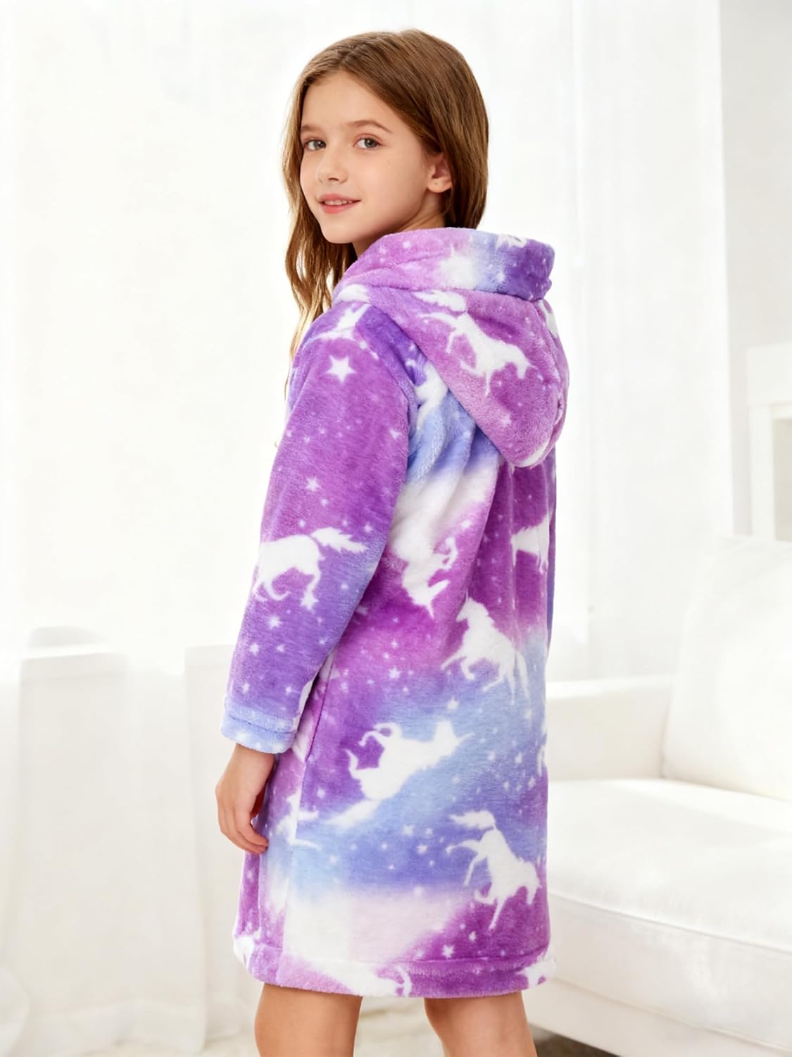 Boys Girls Robe Fleece Soft Hooded Kids Bathrobes Toddler Cute Plush Robes for Kids, 4-12 Years