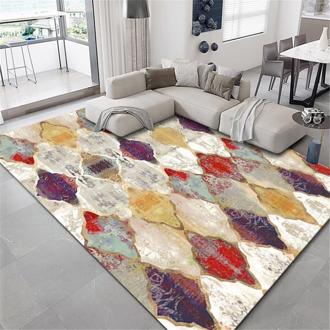 Tapis Salon Vintage Decoration Salon Tapis De Cuisine Facile d'entretien Tapis Motif Losange Tapis Facile À Laver Couleur 100X200Cm
