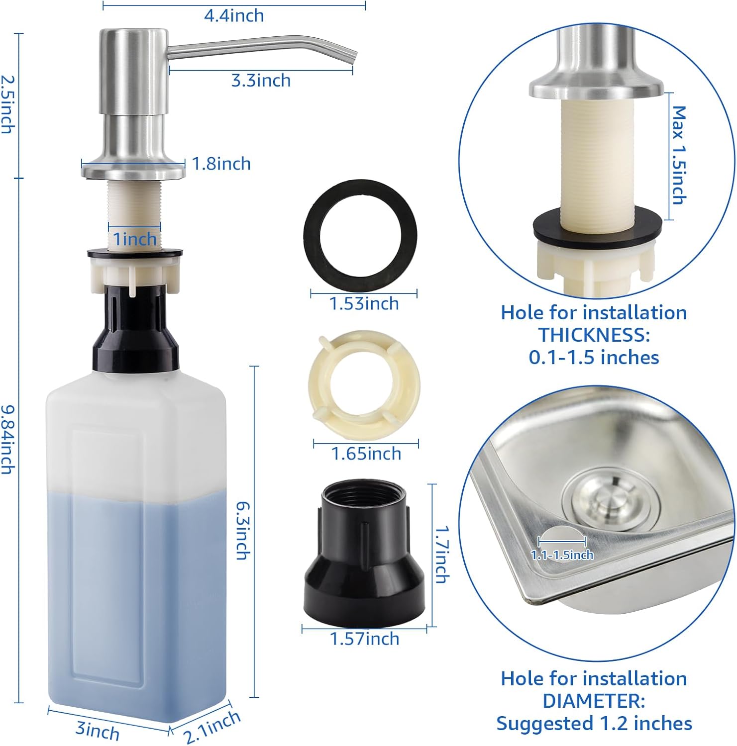 Soap Dispenser for Kitchen Sink, Brushed Nickel Built in Sink Soap Dispenser, Stainless Steel Kitchen Soap Pump Head with 17oz Bottle