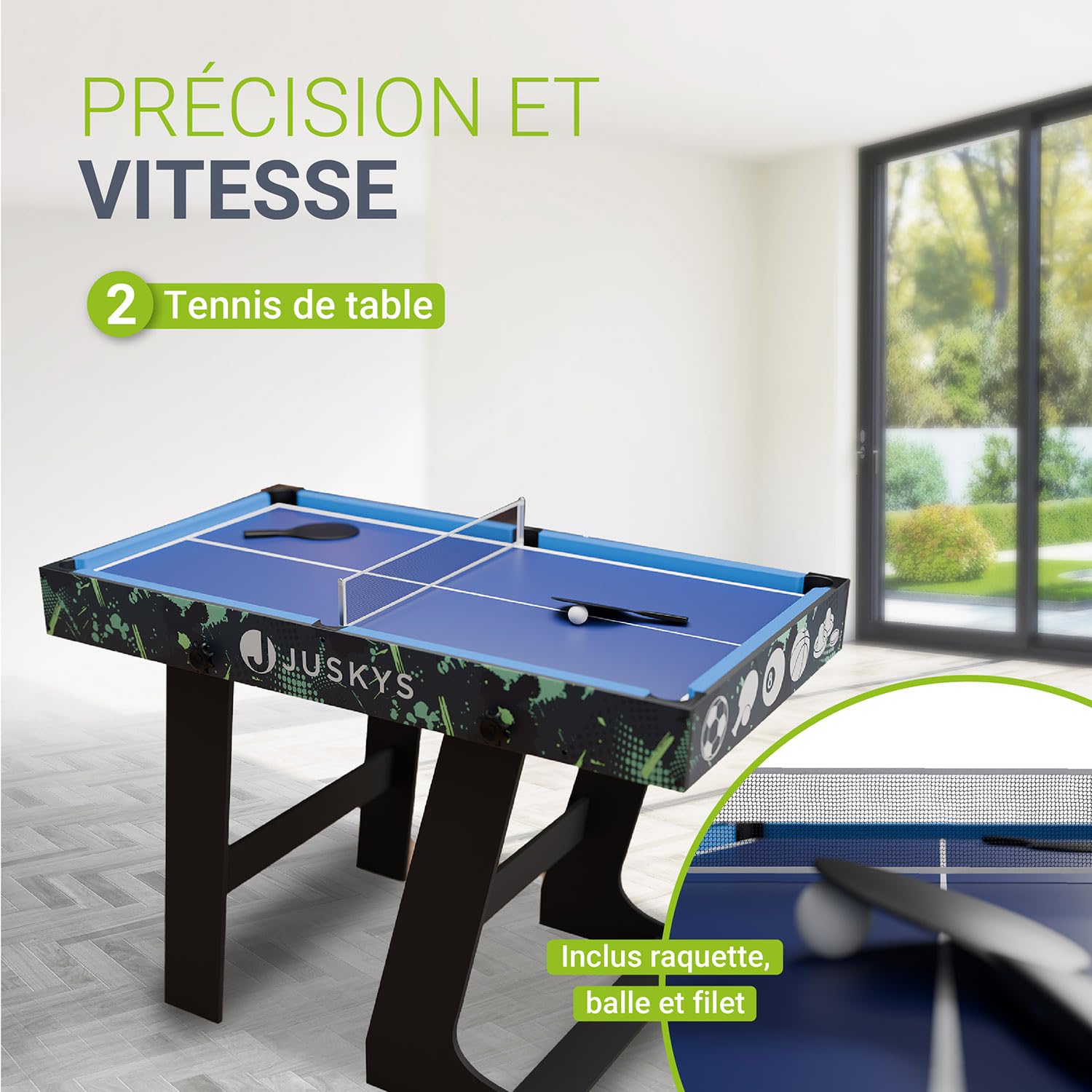 Juskys Table Multi-Jeux Ballzauber 5-en-1 - Table Pliante pour Enfants avec 5 Tables : ping-Pong, Baby-Foot, Billard, Hockey & Basket