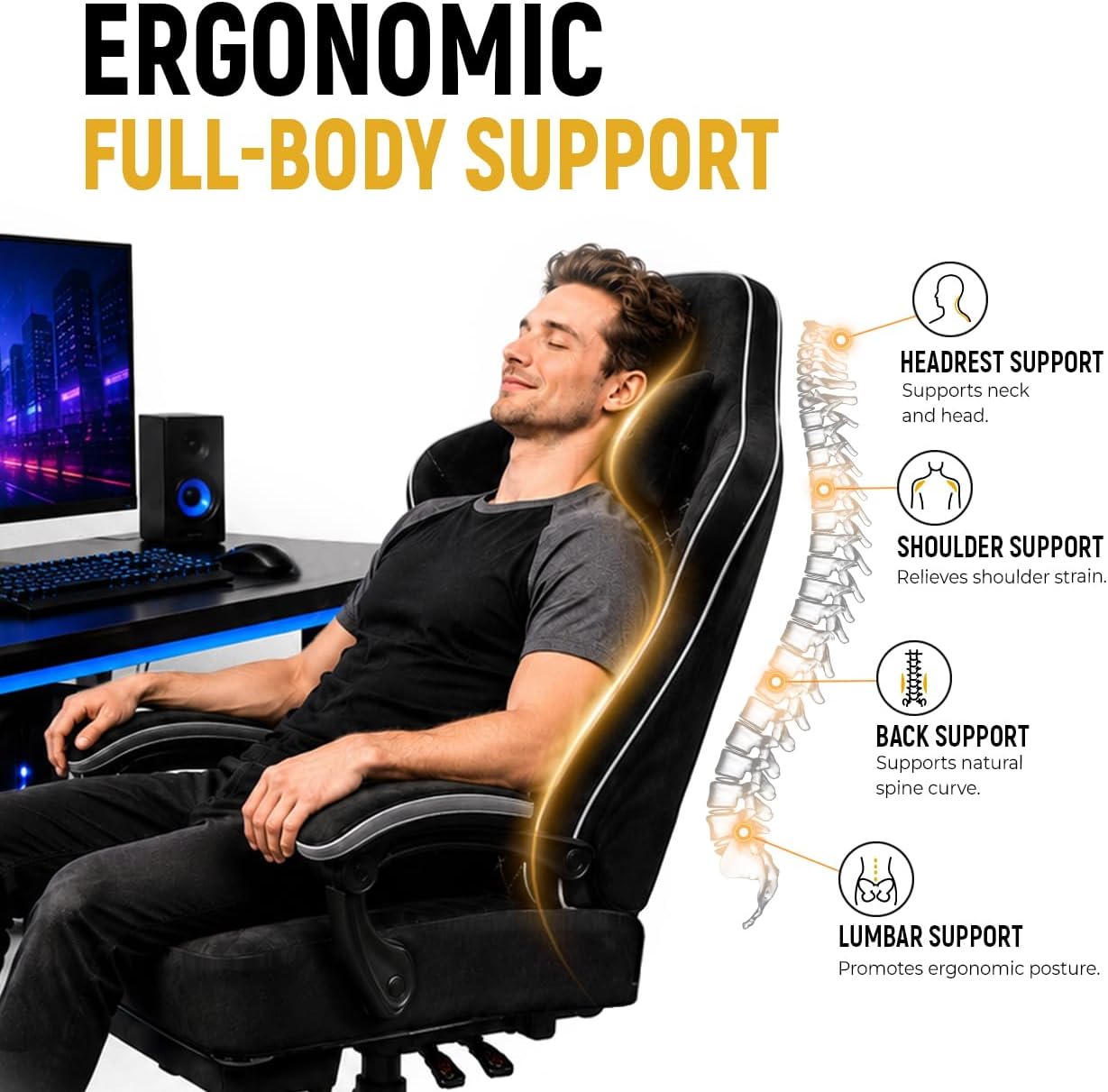 Gaming Chair with Footrest, Lumbar Support, Reclining Seat, Linked Armrests | 52cm Wide 4-Layer Spring Cushion Height Adjustable Easy Assembly