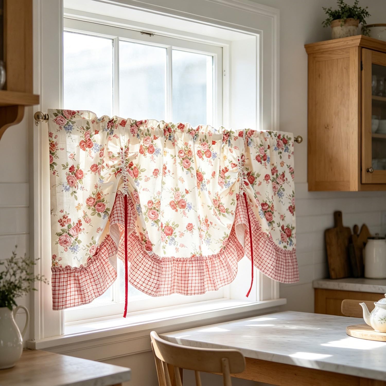 Vintage Rose Floral Print Tie Up Curtain (Rose,W59 X L32 Inch)
