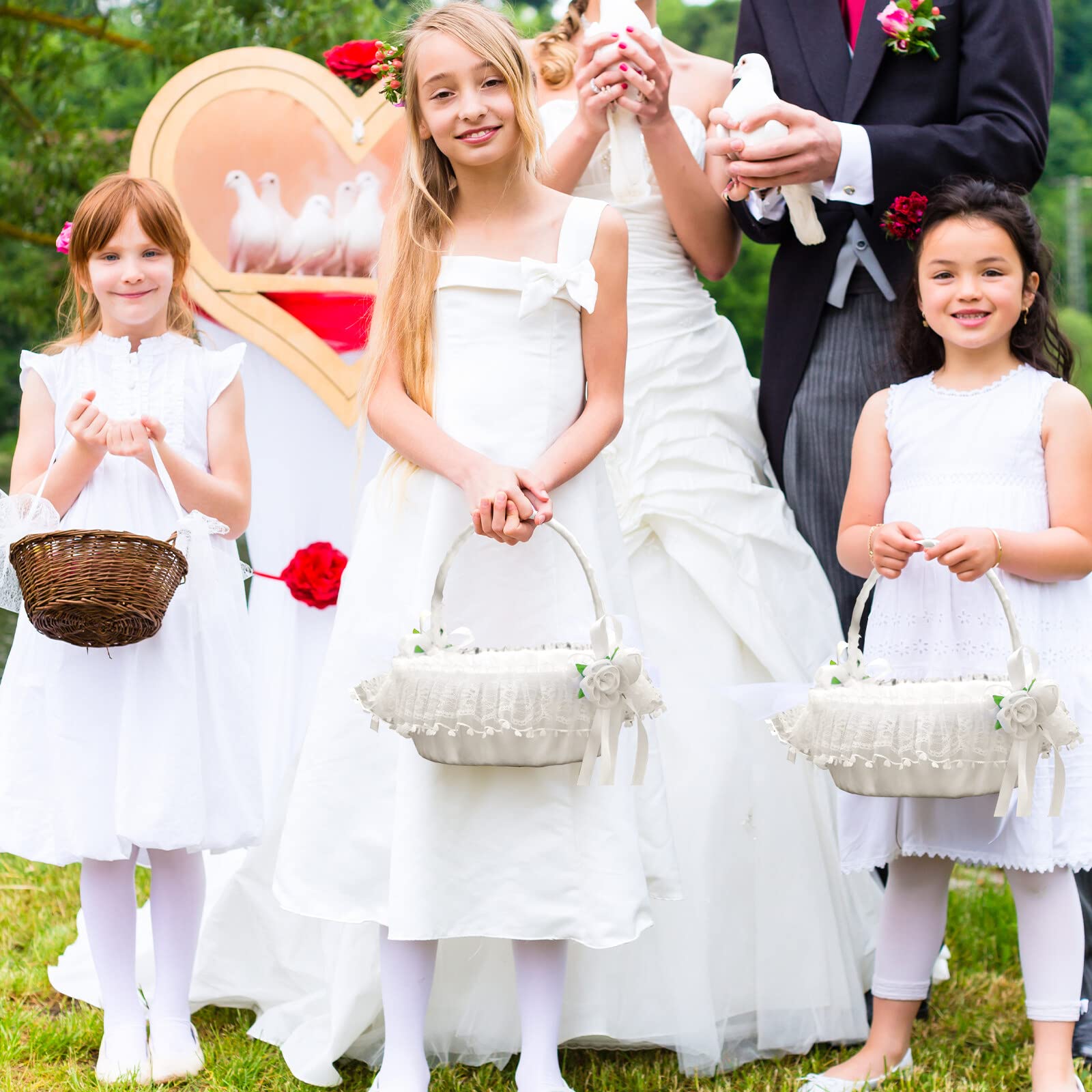 IUIBMI White Wedding Flower Girl Basket with Swingable Handle, Lace and Artificial Flowers, Satin Bowknot Fairy Flower Basket, Large Wedding Flower Basket for Flower Girl
